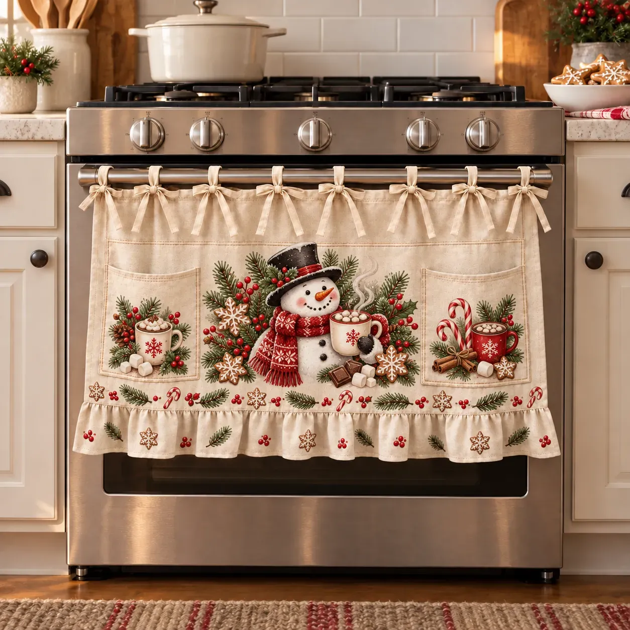 🎄 Christmas Kitchen Tie-On Skirt | Festive Holiday Designs with Pockets & Ruffled Trim ✨