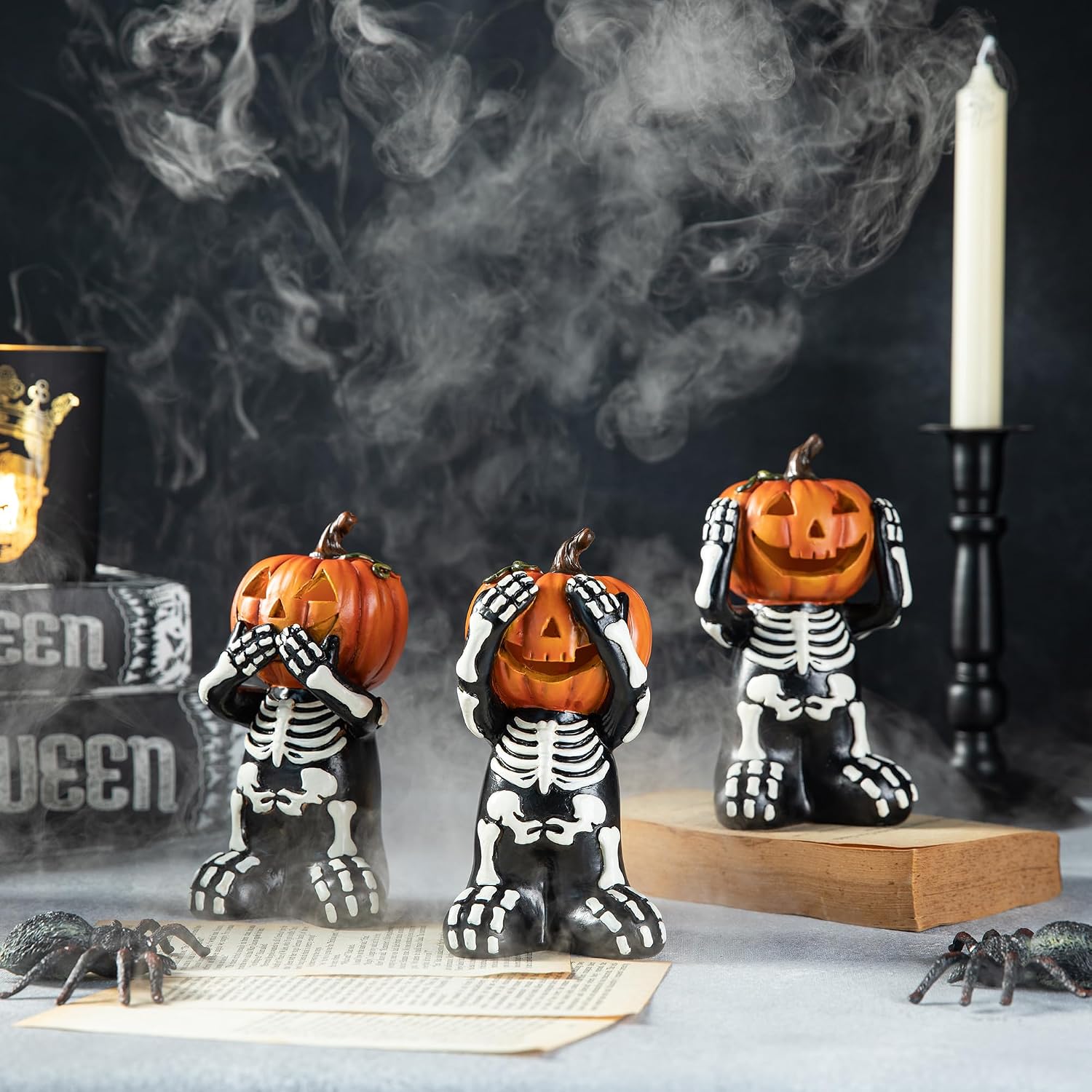 5.75" Jack-O'-Lantern Skull Figurine Statues | Collectible Halloween Decor (3-Pack)