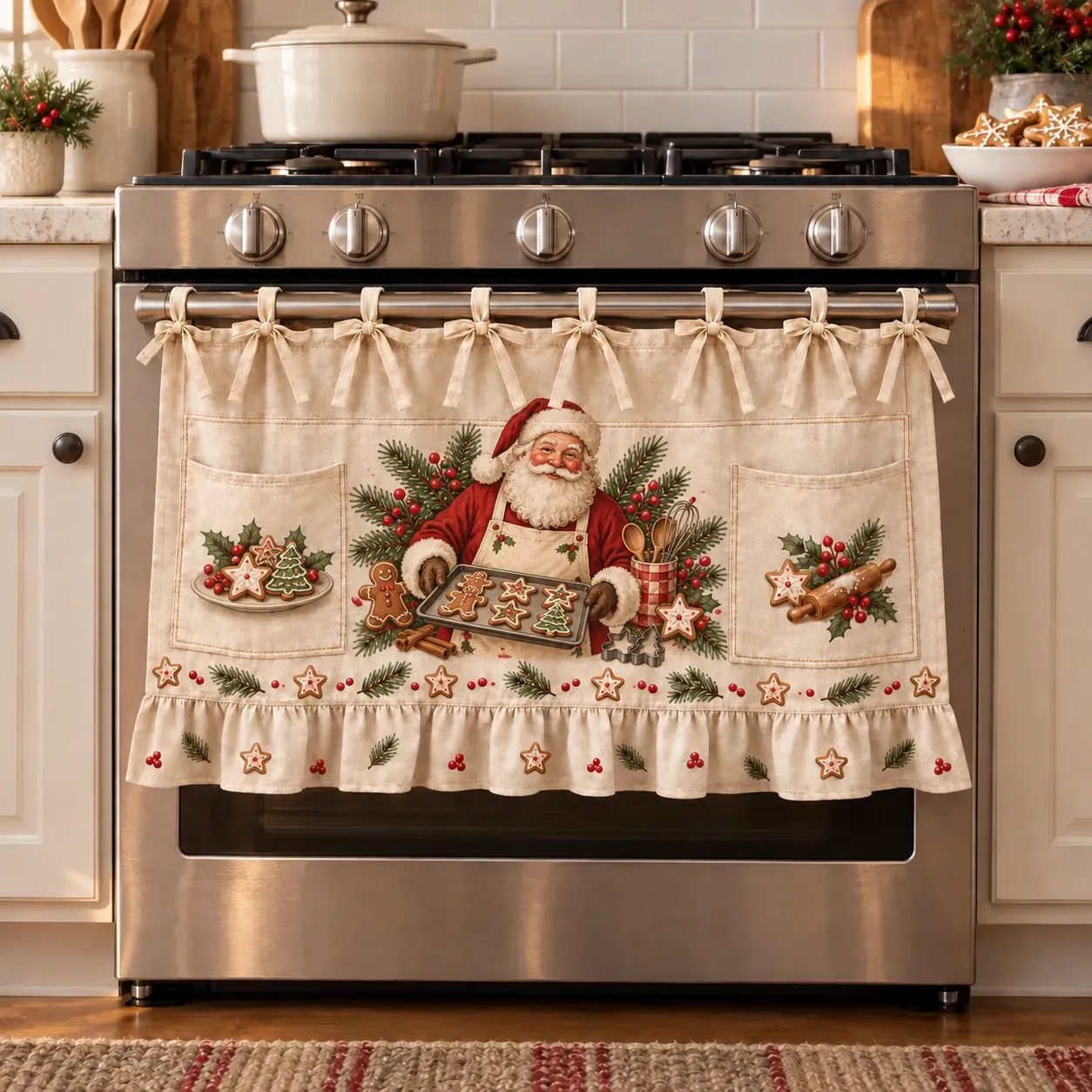 🎄 Christmas Kitchen Tie-On Skirt | Festive Holiday Designs with Pockets & Ruffled Trim ✨