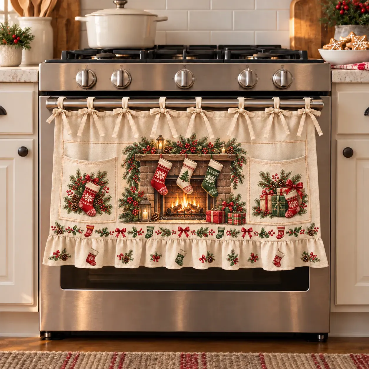 🎄 Christmas Kitchen Tie-On Skirt | Festive Holiday Designs with Pockets & Ruffled Trim ✨