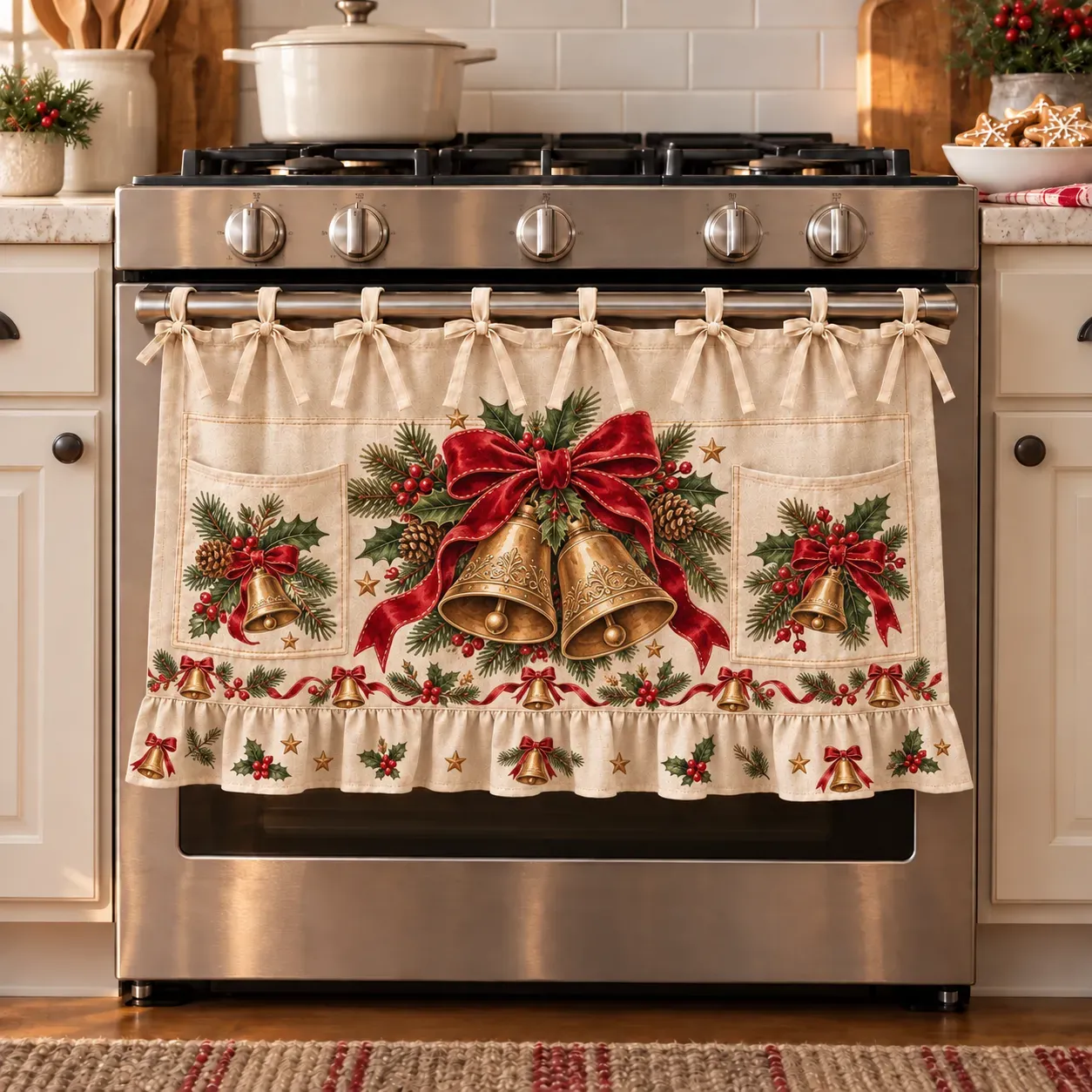 🎄 Christmas Kitchen Tie-On Skirt | Festive Holiday Designs with Pockets & Ruffled Trim ✨
