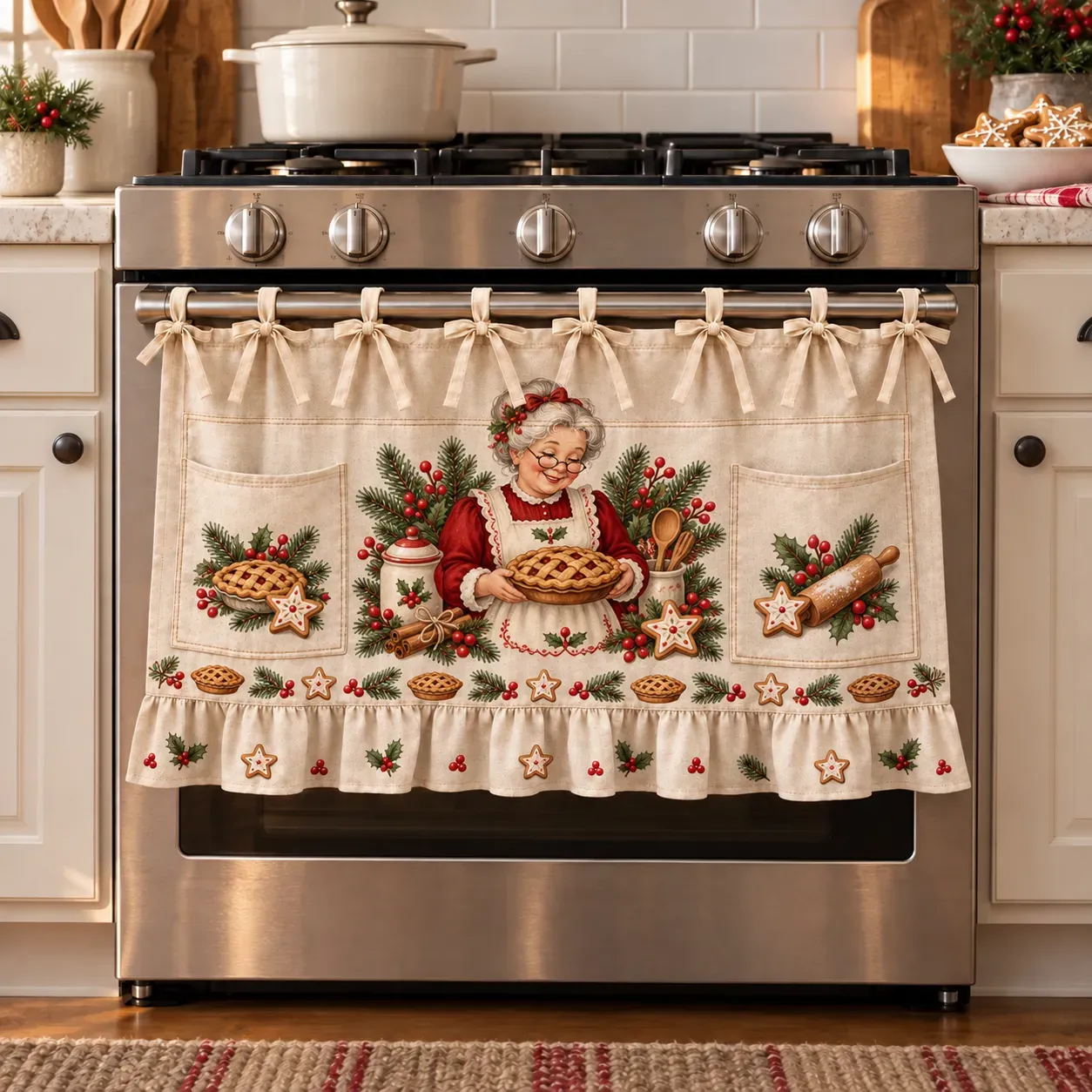 🎄 Christmas Kitchen Tie-On Skirt | Festive Holiday Designs with Pockets & Ruffled Trim ✨