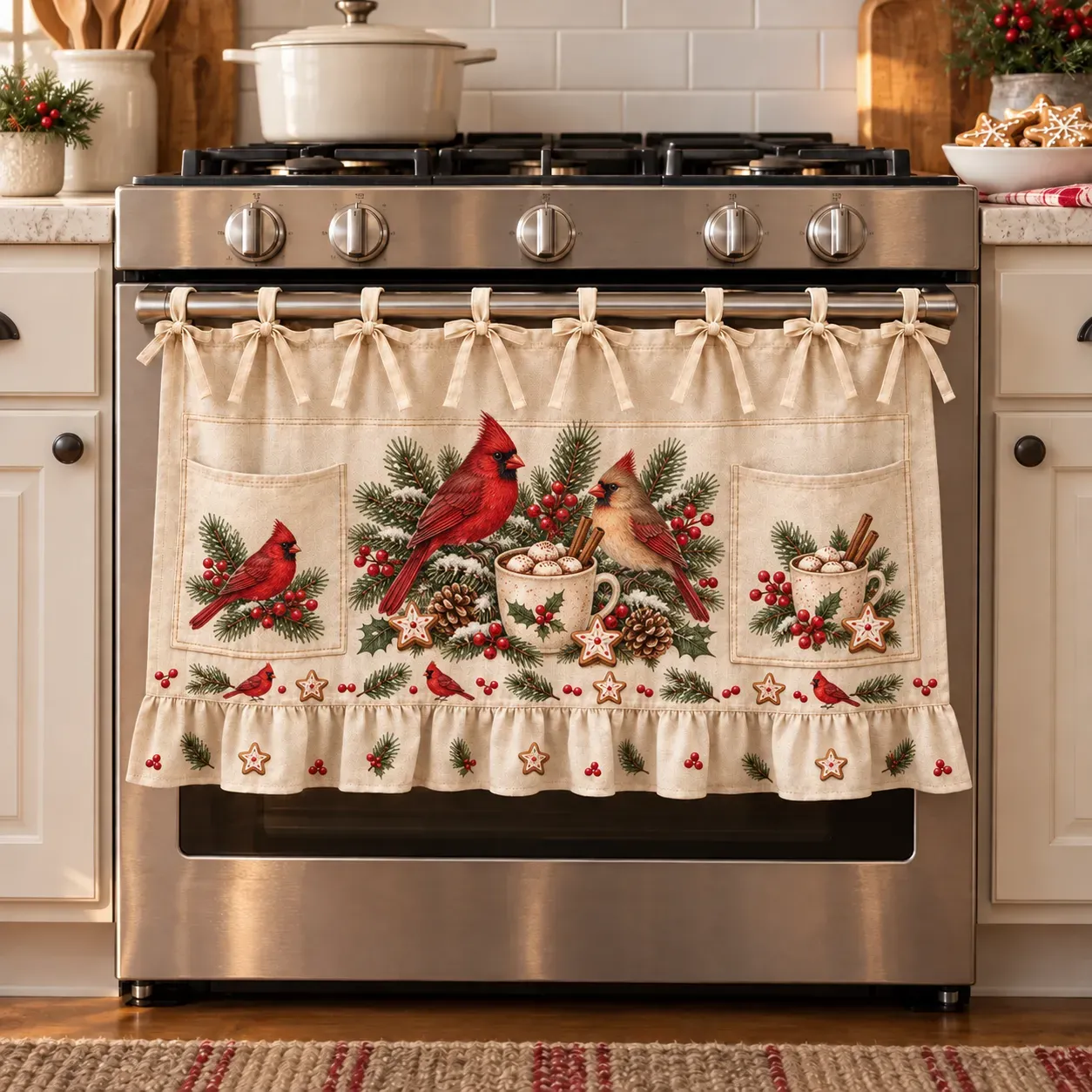 🎄 Christmas Kitchen Tie-On Skirt | Festive Holiday Designs with Pockets & Ruffled Trim ✨