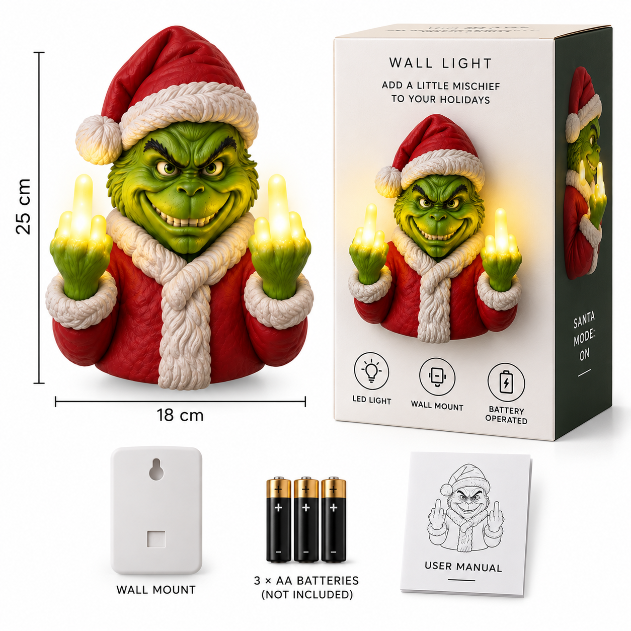 Holiday wall light showing 25 cm by 18 cm dimensions