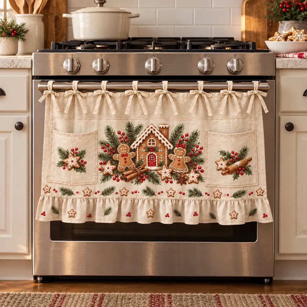 🎄 Christmas Kitchen Tie-On Skirt | Festive Holiday Designs with Pockets & Ruffled Trim ✨