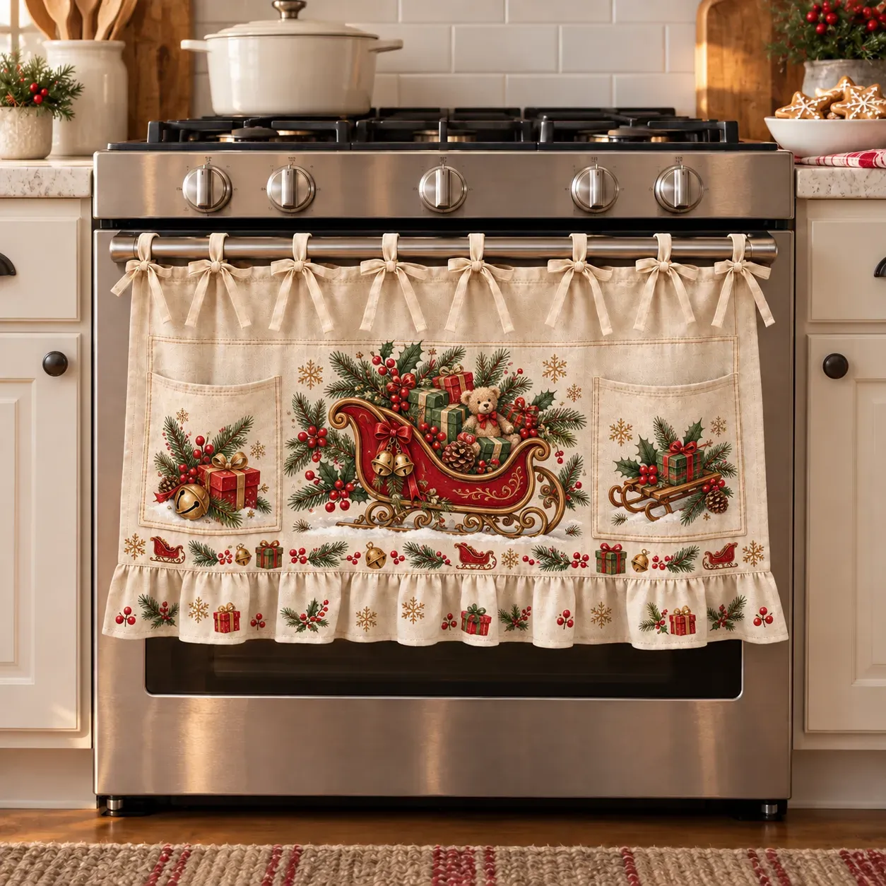 🎄 Christmas Kitchen Tie-On Skirt | Festive Holiday Designs with Pockets & Ruffled Trim ✨