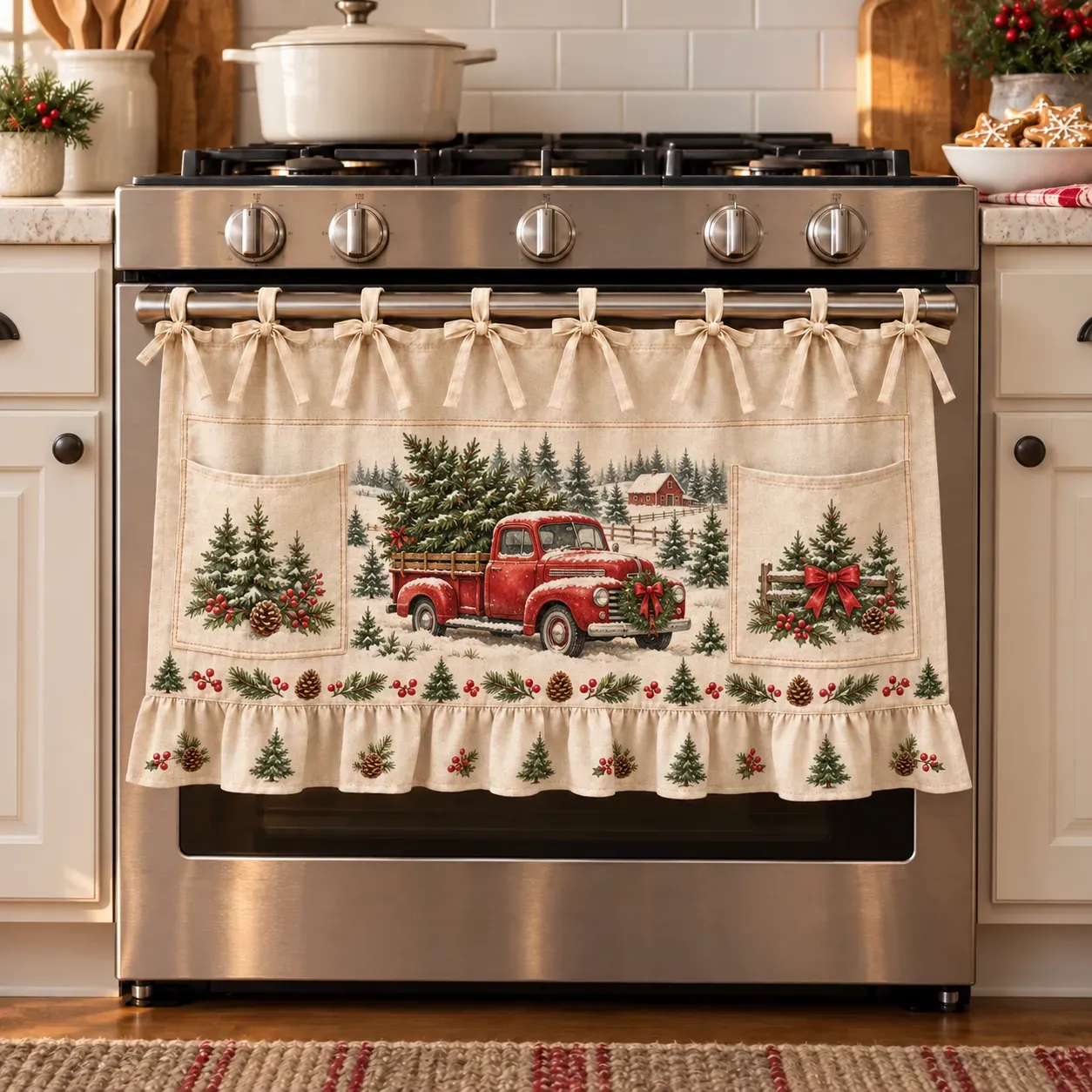 🎄 Christmas Kitchen Tie-On Skirt | Festive Holiday Designs with Pockets & Ruffled Trim ✨