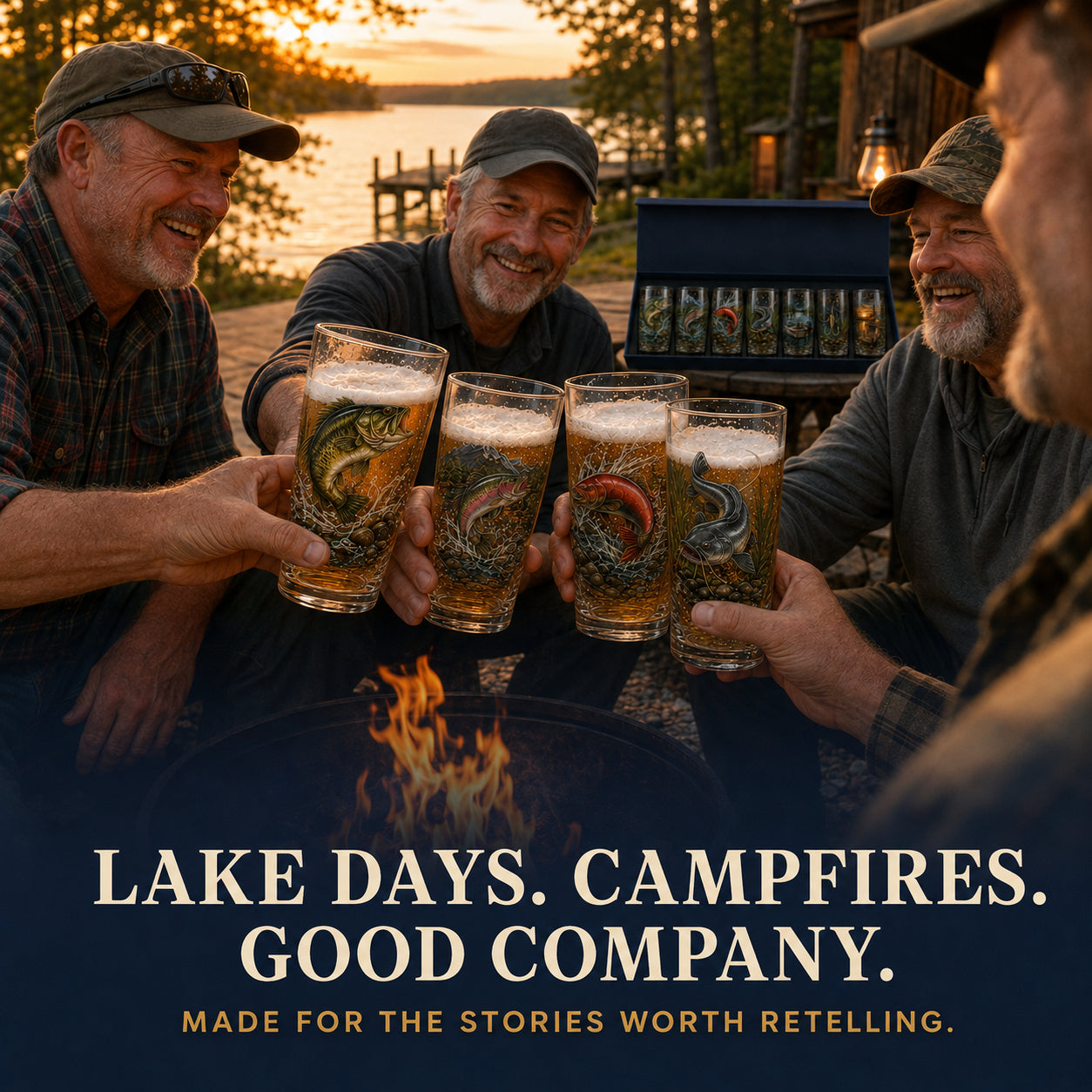 Fishermen enjoying the fishing glass collection around a campfire