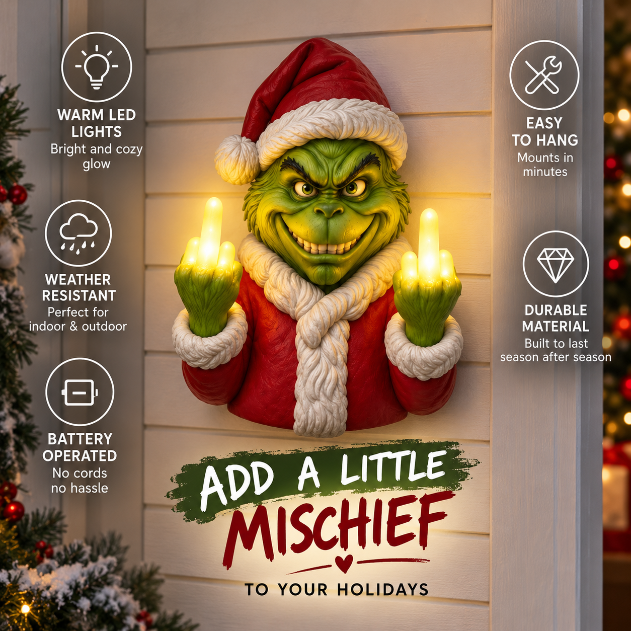 Cheeky green holiday wall light glowing on a decorated Christmas wall