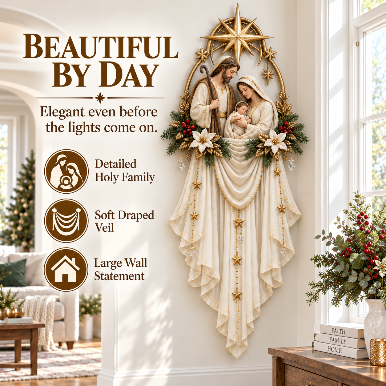 Holy Family Star Veil Cascade daytime Christmas wall decor