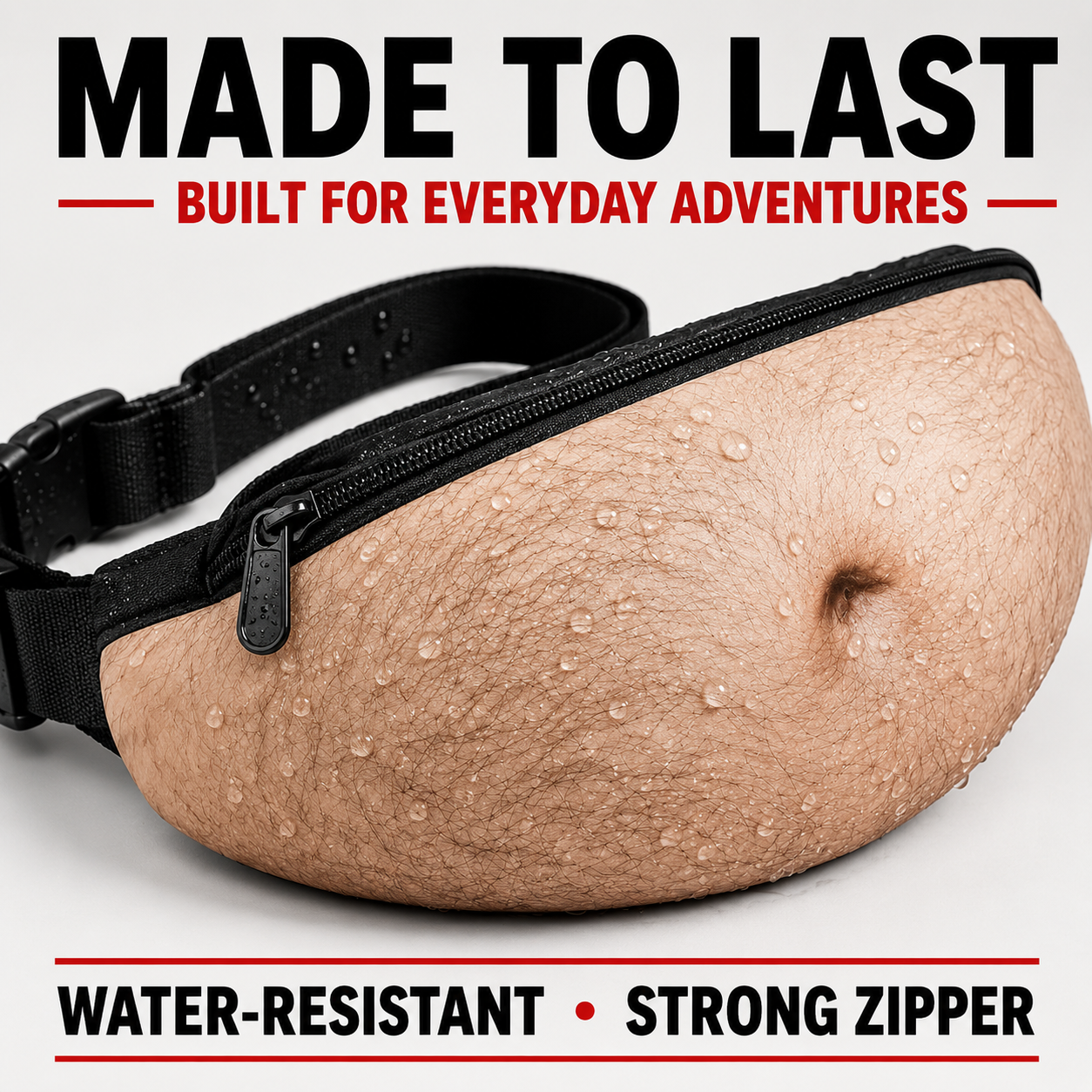 Water resistant funny belly fanny pack with strong zipper
