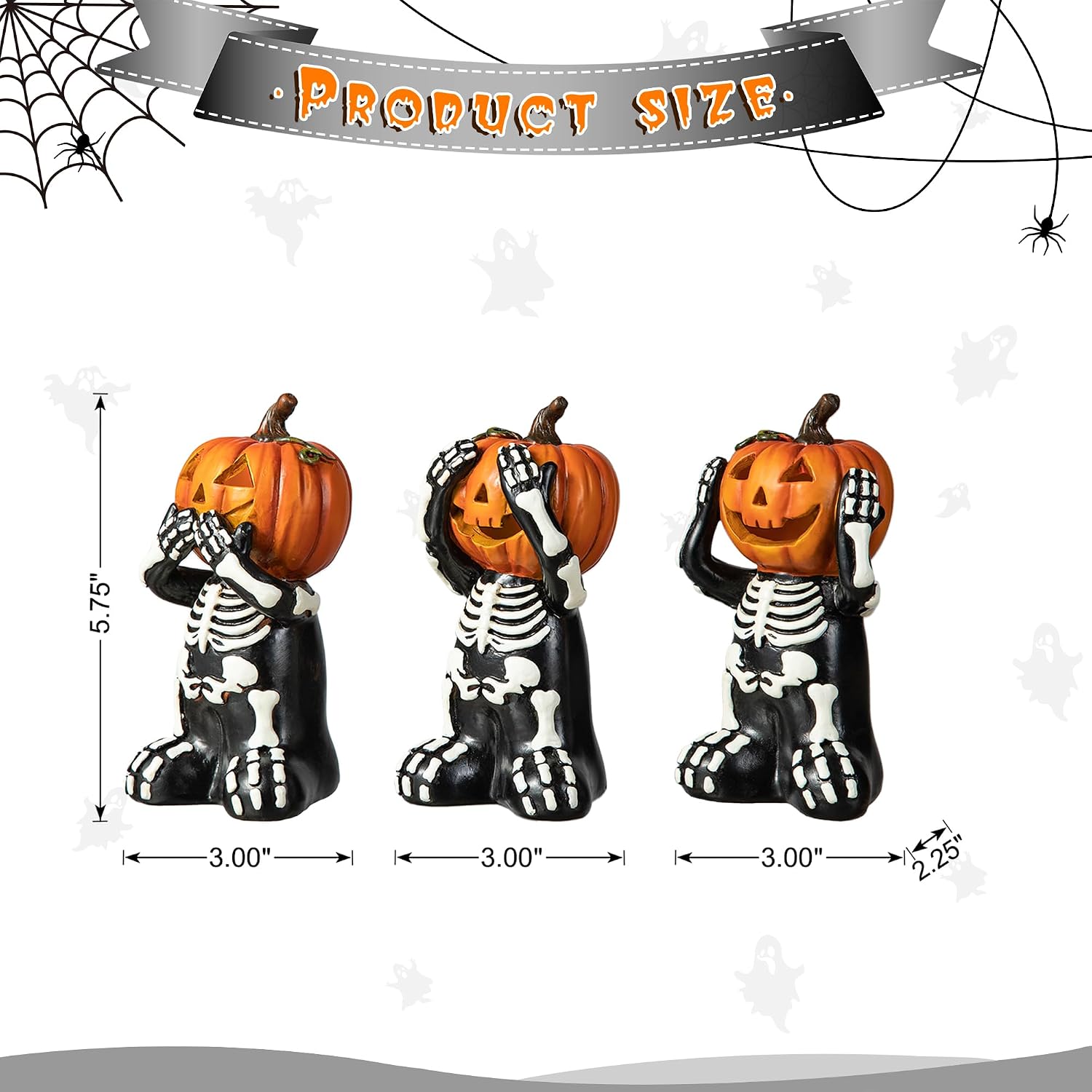 5.75" Jack-O'-Lantern Skull Figurine Statues | Collectible Halloween Decor (3-Pack)