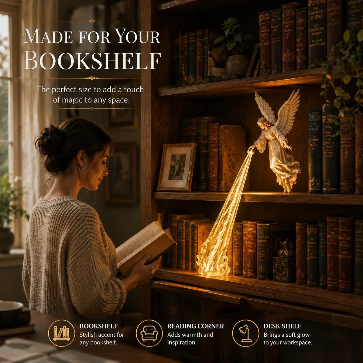 Guardian Angel bookshelf decor beside woman reading Guardian Angel bookshelf decor beside woman reading