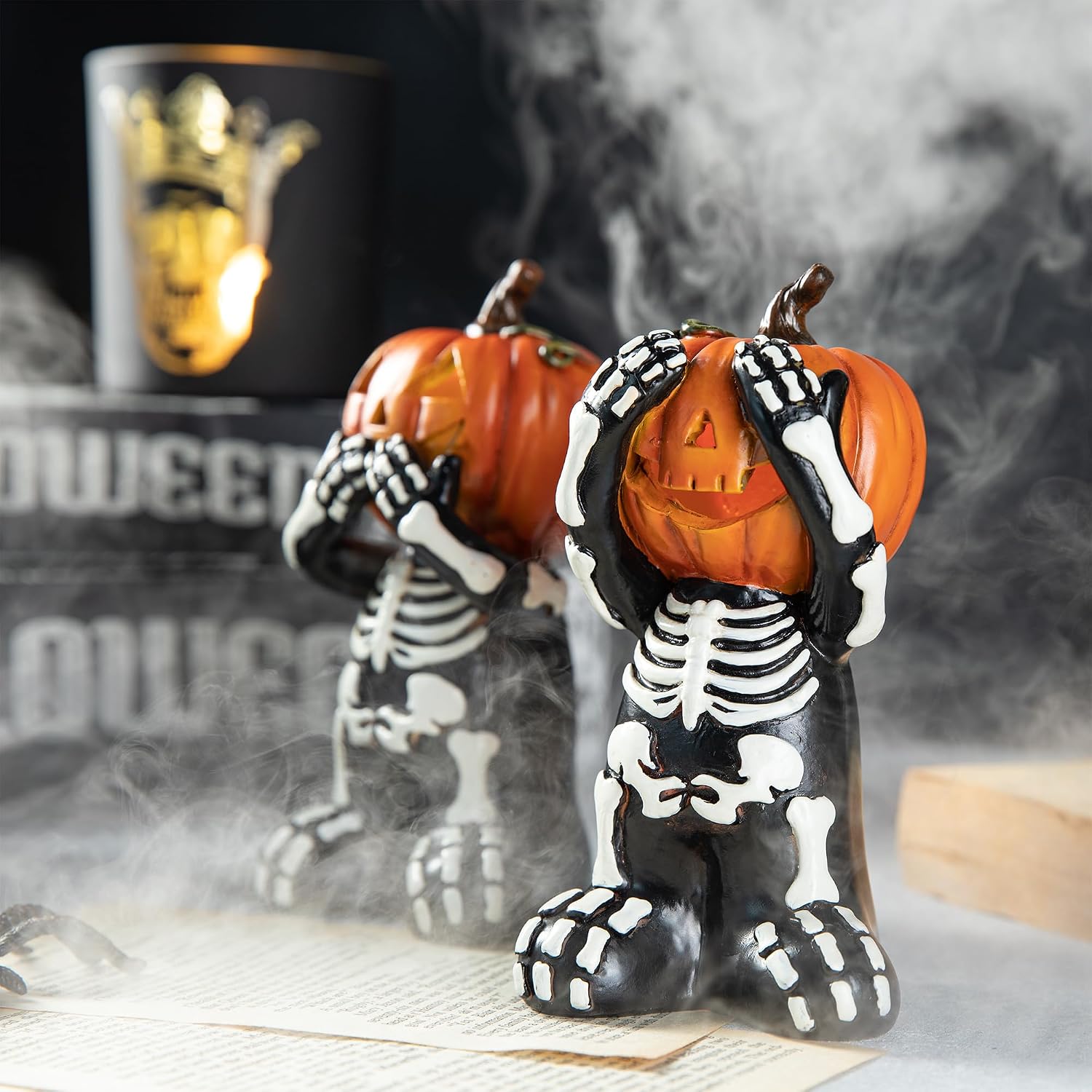 5.75" Jack-O'-Lantern Skull Figurine Statues | Collectible Halloween Decor (3-Pack)