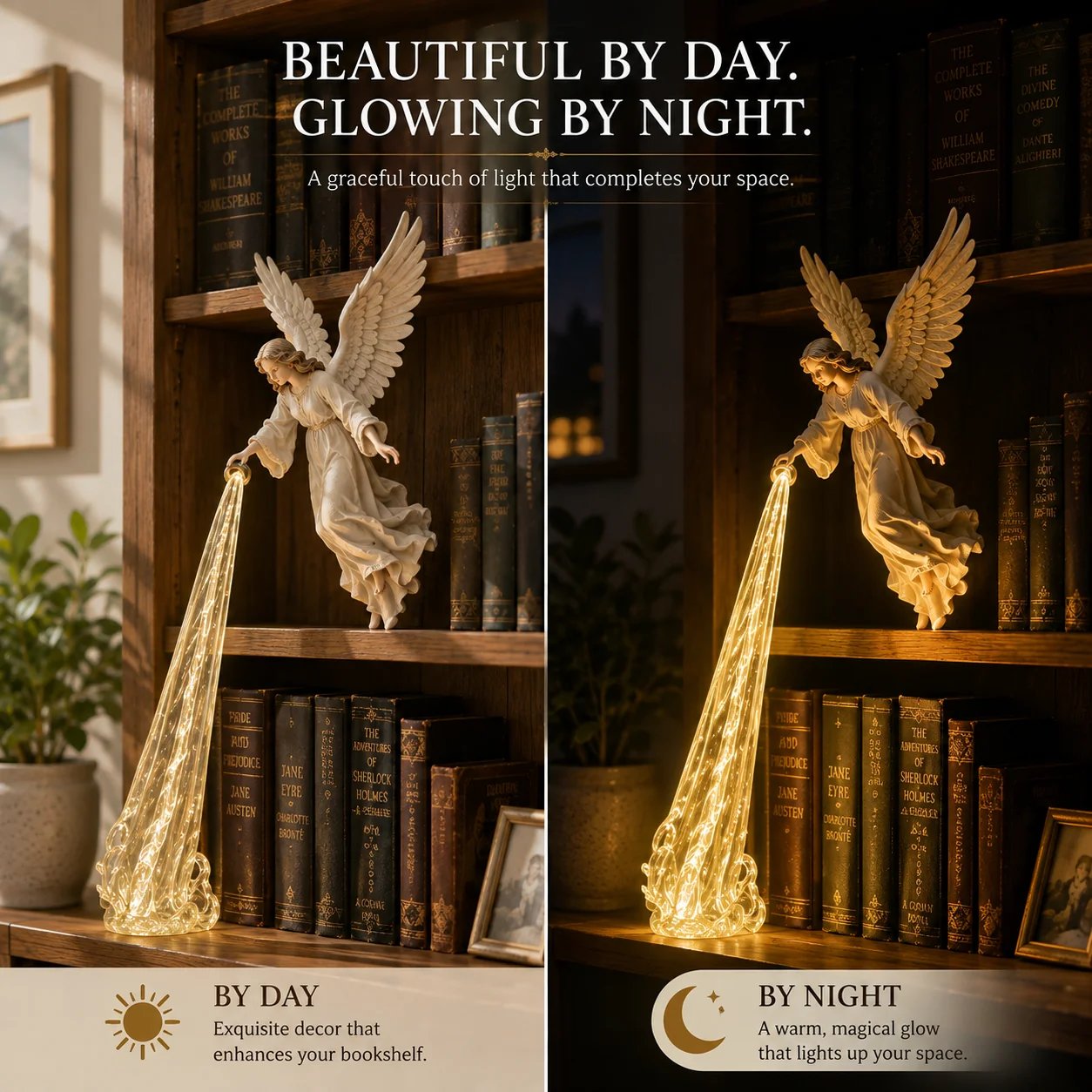 Guardian Angel bookshelf decor day and night comparison Guardian Angel bookshelf decor day and night comparison