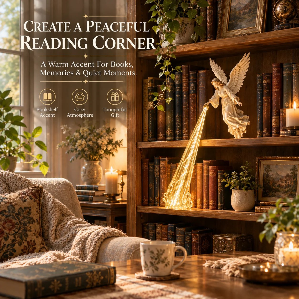 Peaceful reading corner with Guardian Angel bookshelf light Peaceful reading corner with Guardian Angel bookshelf light
