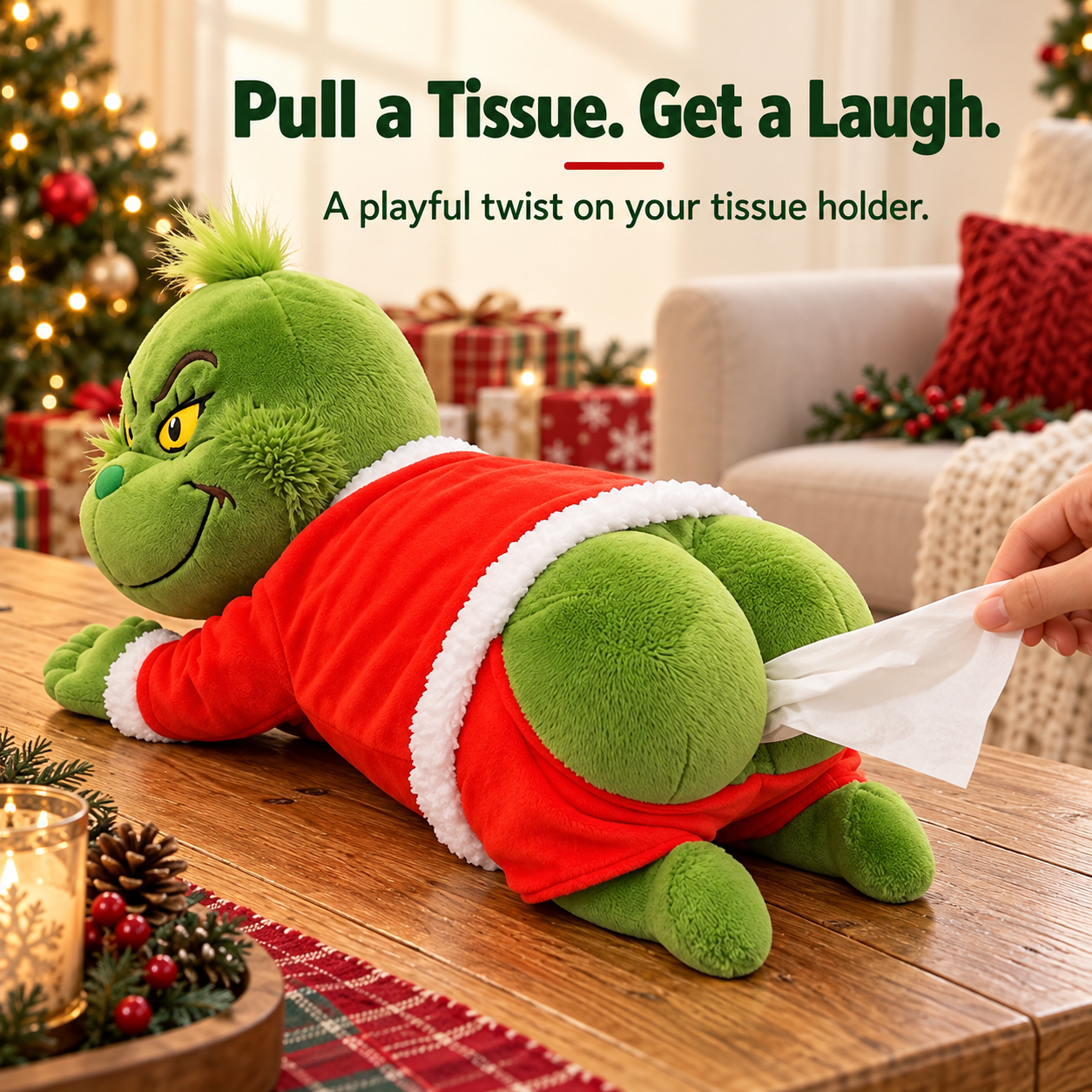 A hand pulling a tissue from the back of the Grinch-inspired plush tissue holder