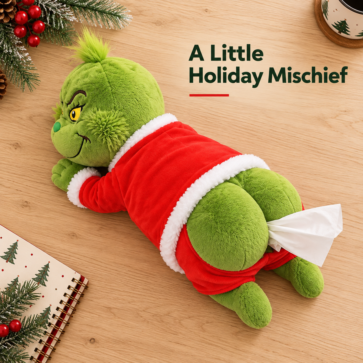 Overhead view of the green plush Grinch-inspired tissue holder with tissue emerging from the back