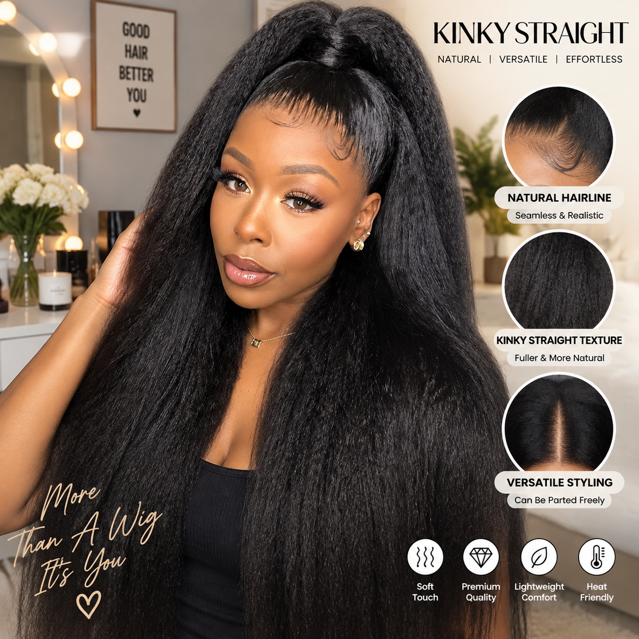 🎀 70% OFF – Kinky Straight 360° Glueless Lace Wig | Pre-Cut & Pre-Plucked Human Hair