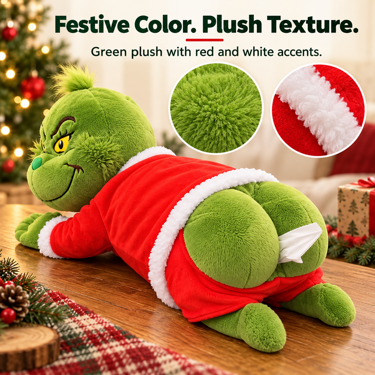 Close-up detail of the green plush texture and red Santa outfit with white trim