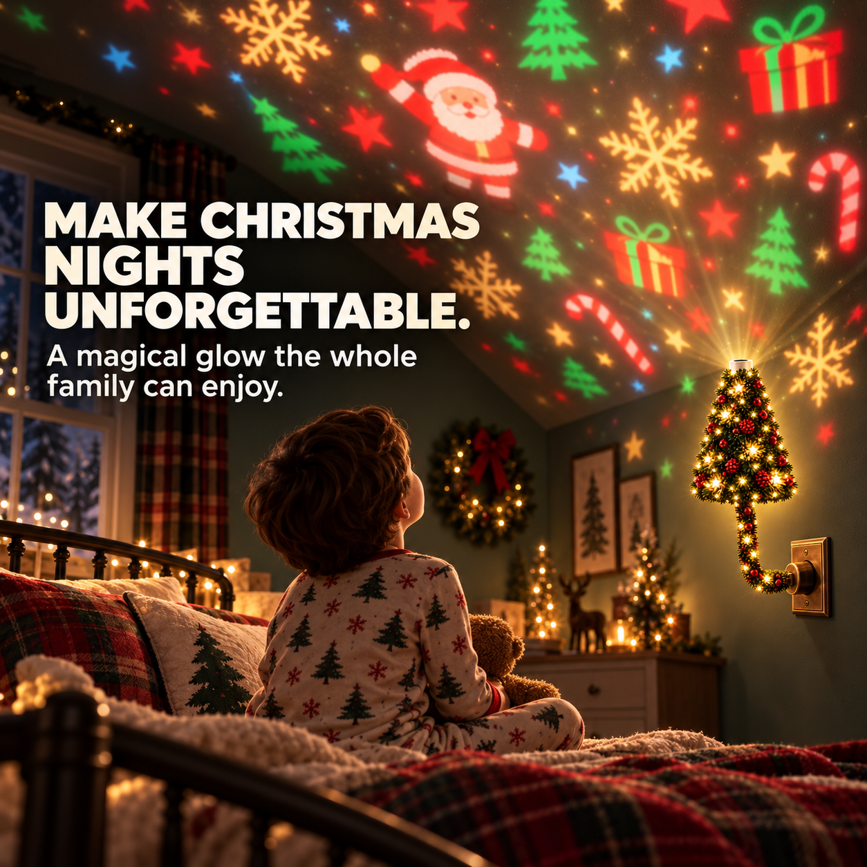 Festive Christmas projection in a cozy room