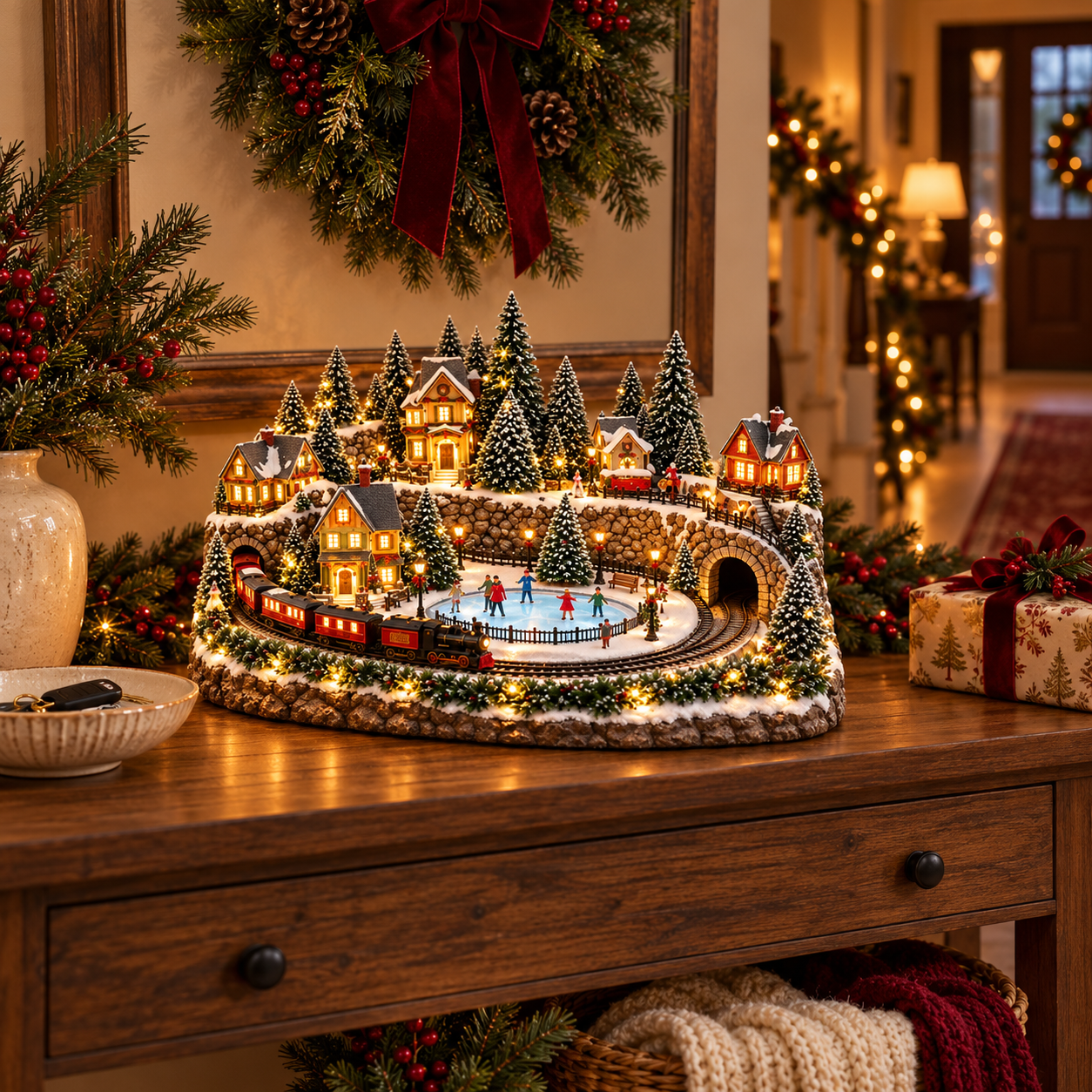 Holiday village on an entryway console beneath a wreath
