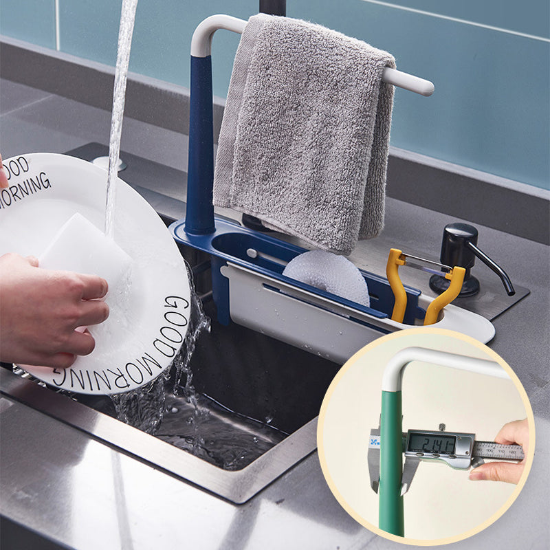 Retractable Thickened PP Sink Organizer, Adjustable Telescopic Kitchen Storage Caddy with Cloth Hanging Rod, Hollow Drainage Side Boards for Cleaning Supplies