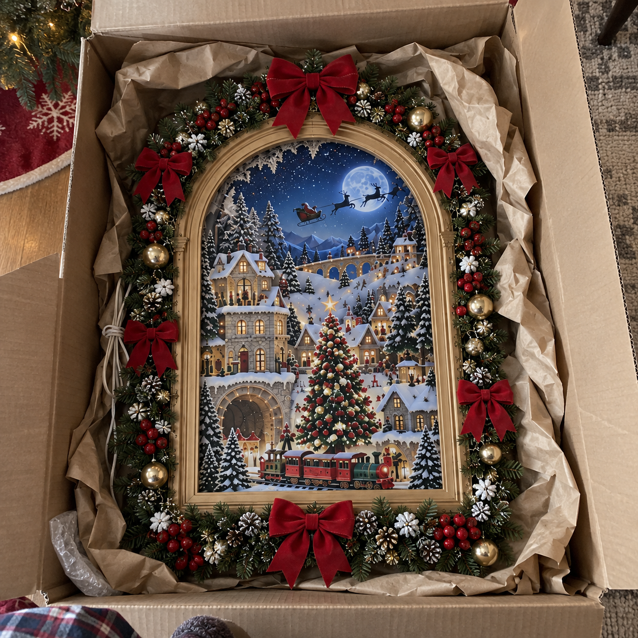 Customer touching Christmas village wall light at home