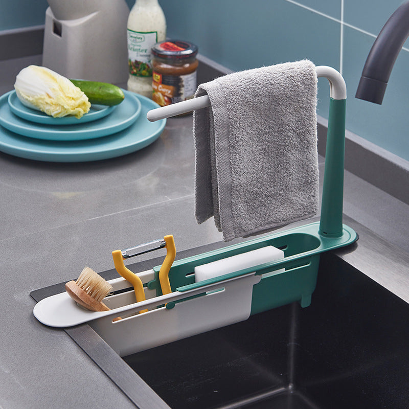 Retractable Thickened PP Sink Organizer, Adjustable Telescopic Kitchen Storage Caddy with Cloth Hanging Rod, Hollow Drainage Side Boards for Cleaning Supplies