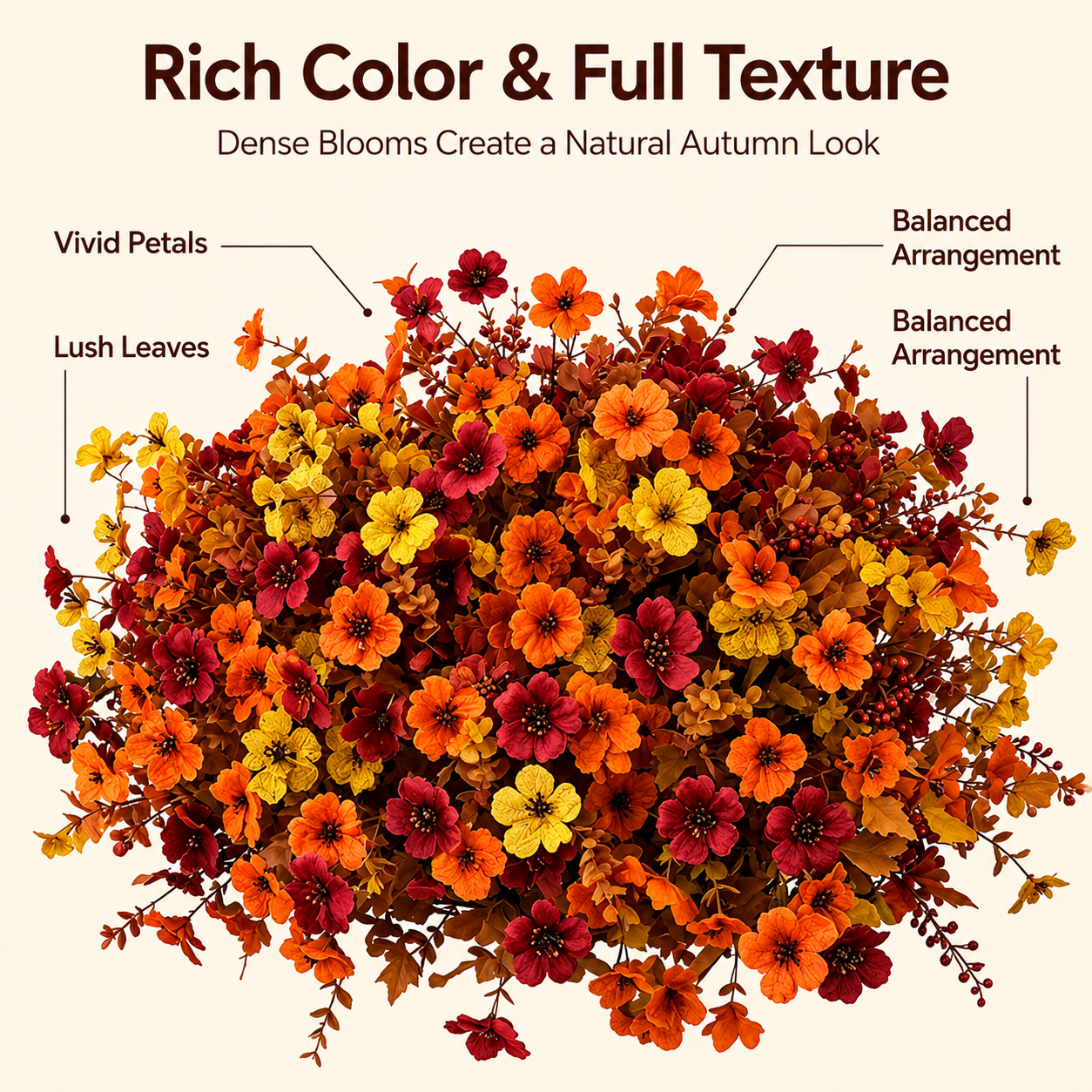 Layered autumn faux floral arrangement in deep harvest tones