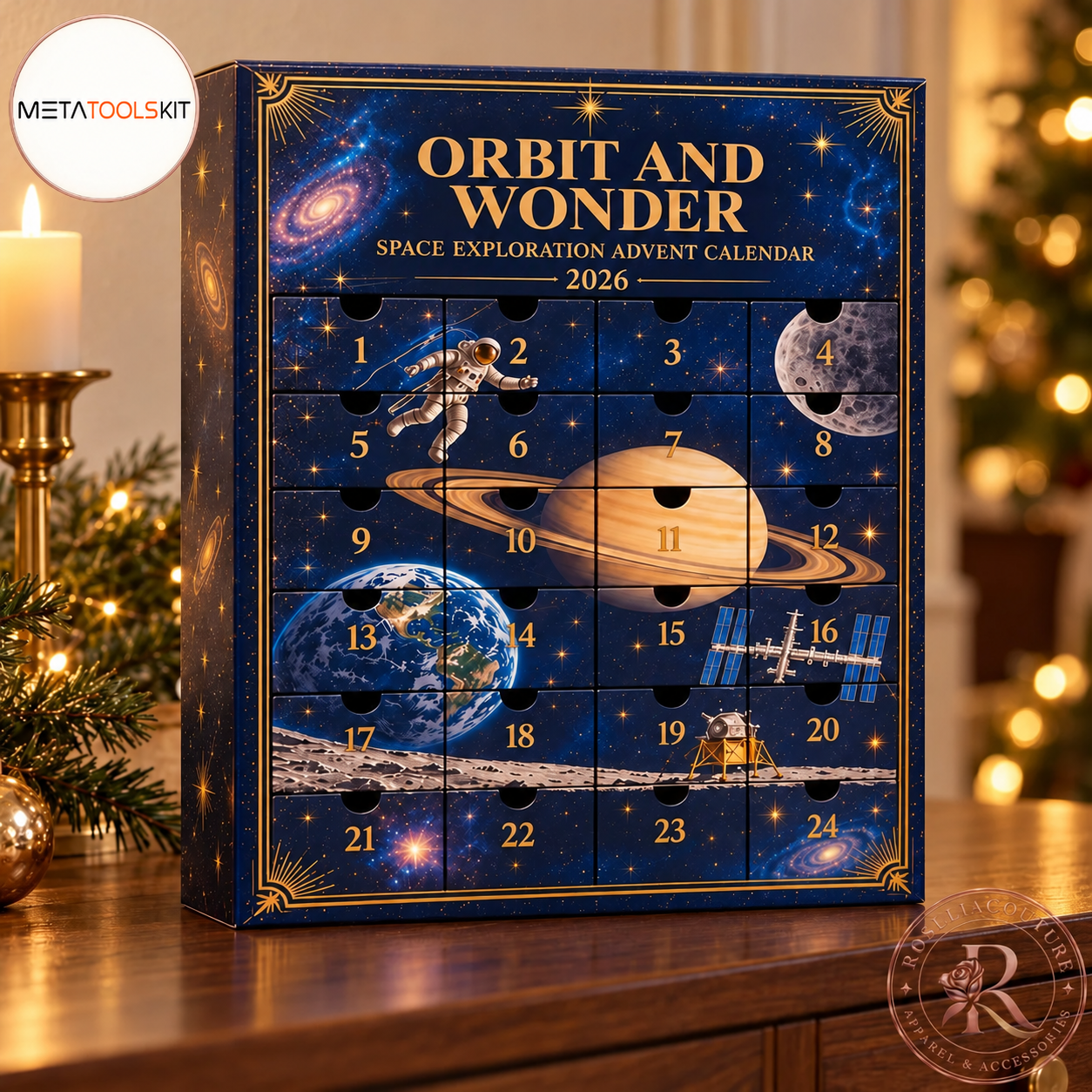 Orbit and Wonder Space Exploration Advent Calendar in a cozy Christmas gift setting