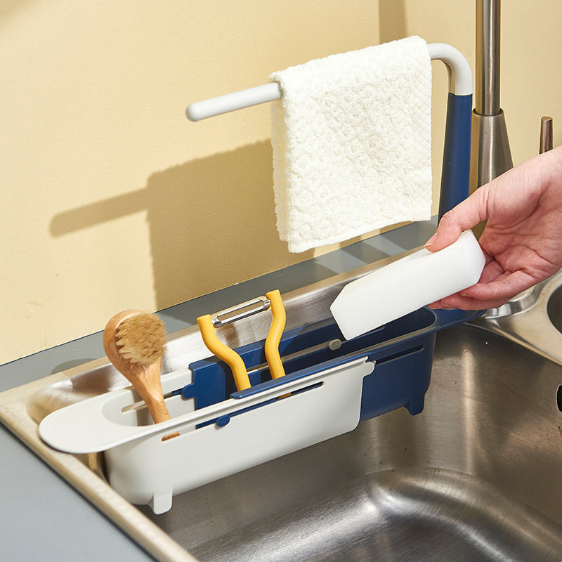 Retractable Thickened PP Sink Organizer, Adjustable Telescopic Kitchen Storage Caddy with Cloth Hanging Rod, Hollow Drainage Side Boards for Cleaning Supplies