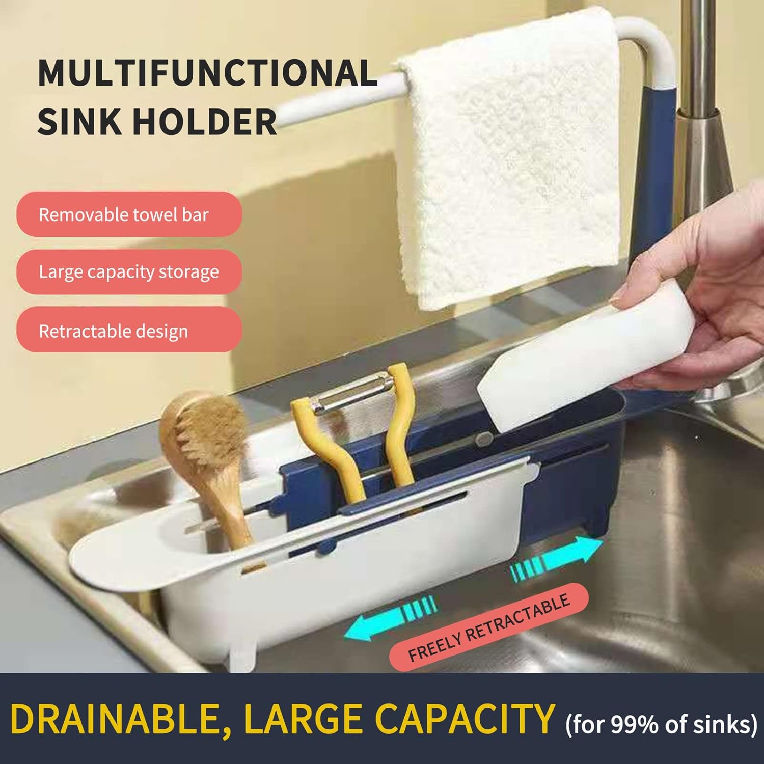 Retractable Thickened PP Sink Organizer, Adjustable Telescopic Kitchen Storage Caddy with Cloth Hanging Rod, Hollow Drainage Side Boards for Cleaning Supplies