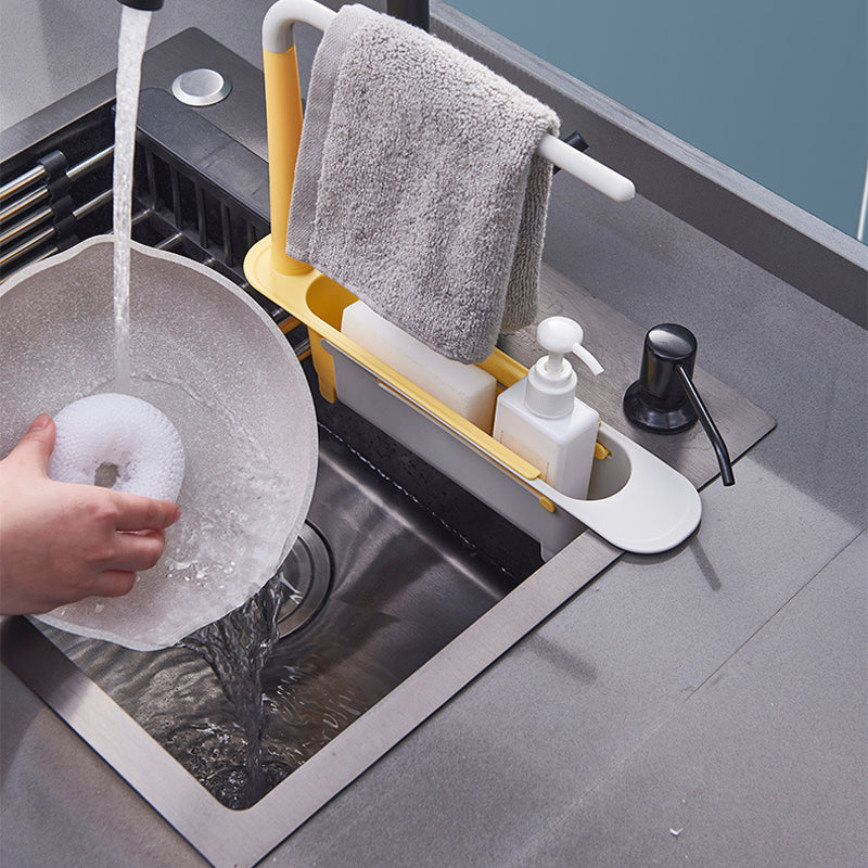 Retractable Thickened PP Sink Organizer, Adjustable Telescopic Kitchen Storage Caddy with Cloth Hanging Rod, Hollow Drainage Side Boards for Cleaning Supplies