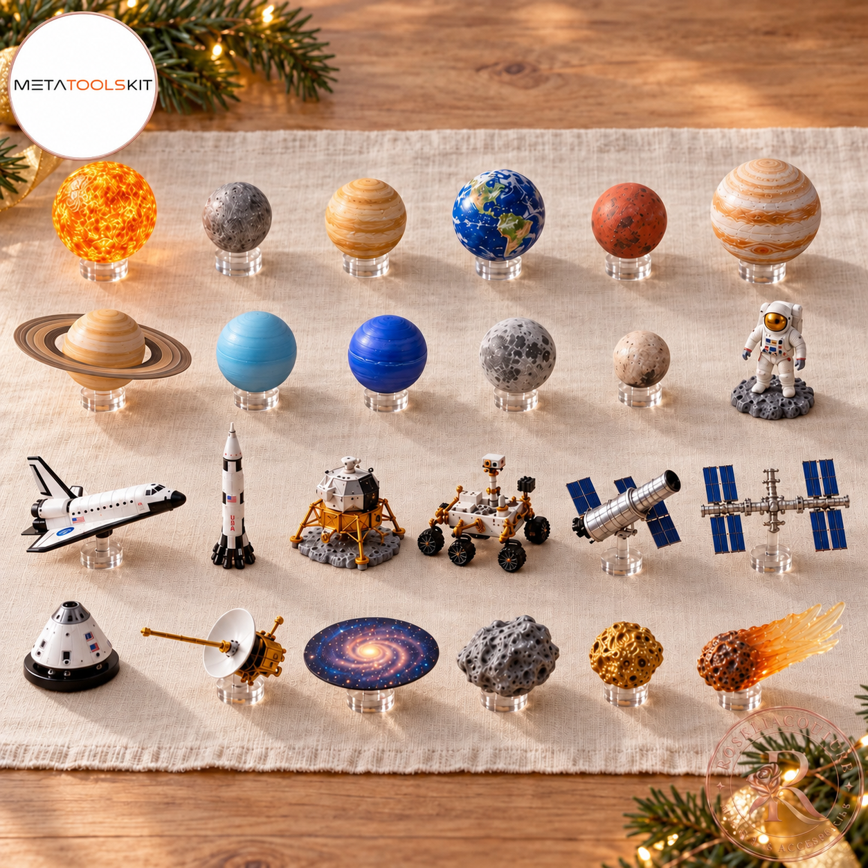 Overview of 24 space-themed miniature collectibles including planets, astronaut and spacecraft