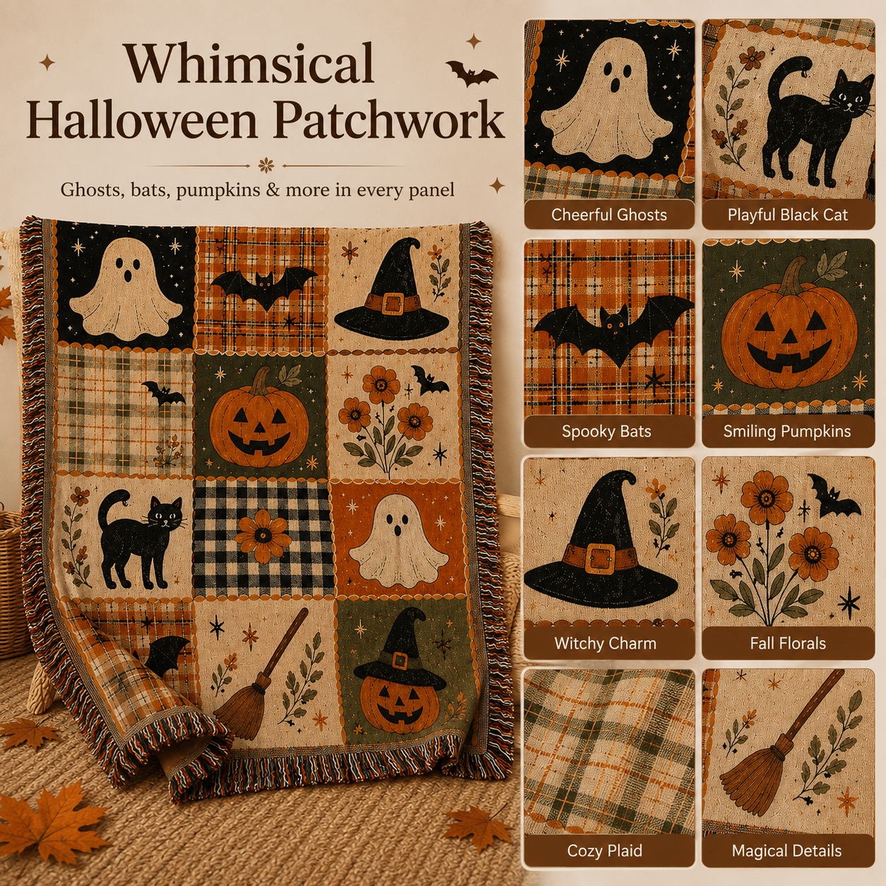 Halloween Woven Blanket Styled as Bedroom Accent