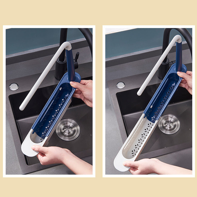 Retractable Thickened PP Sink Organizer, Adjustable Telescopic Kitchen Storage Caddy with Cloth Hanging Rod, Hollow Drainage Side Boards for Cleaning Supplies