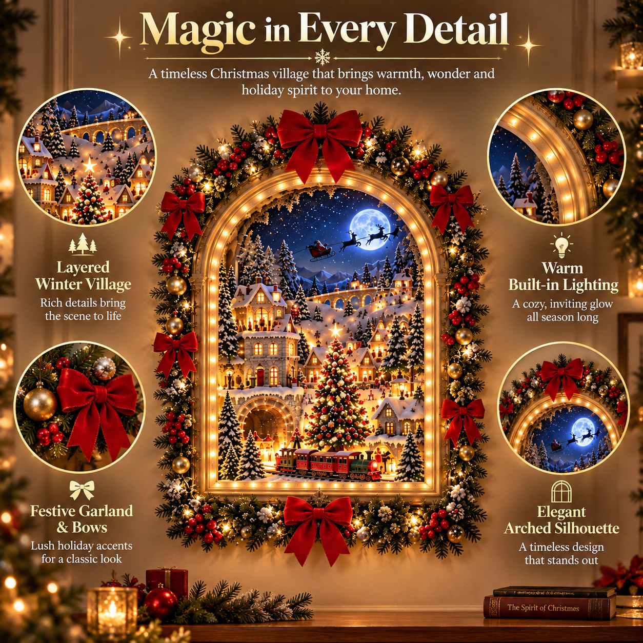 Christmas village wall decoration during the day and at night