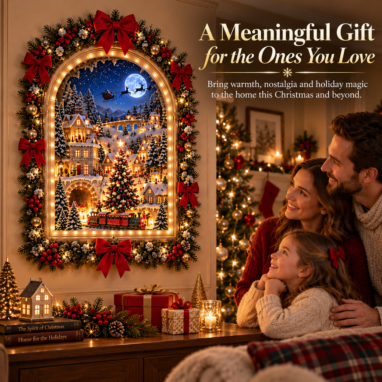 Christmas village window light displayed in different cozy spaces