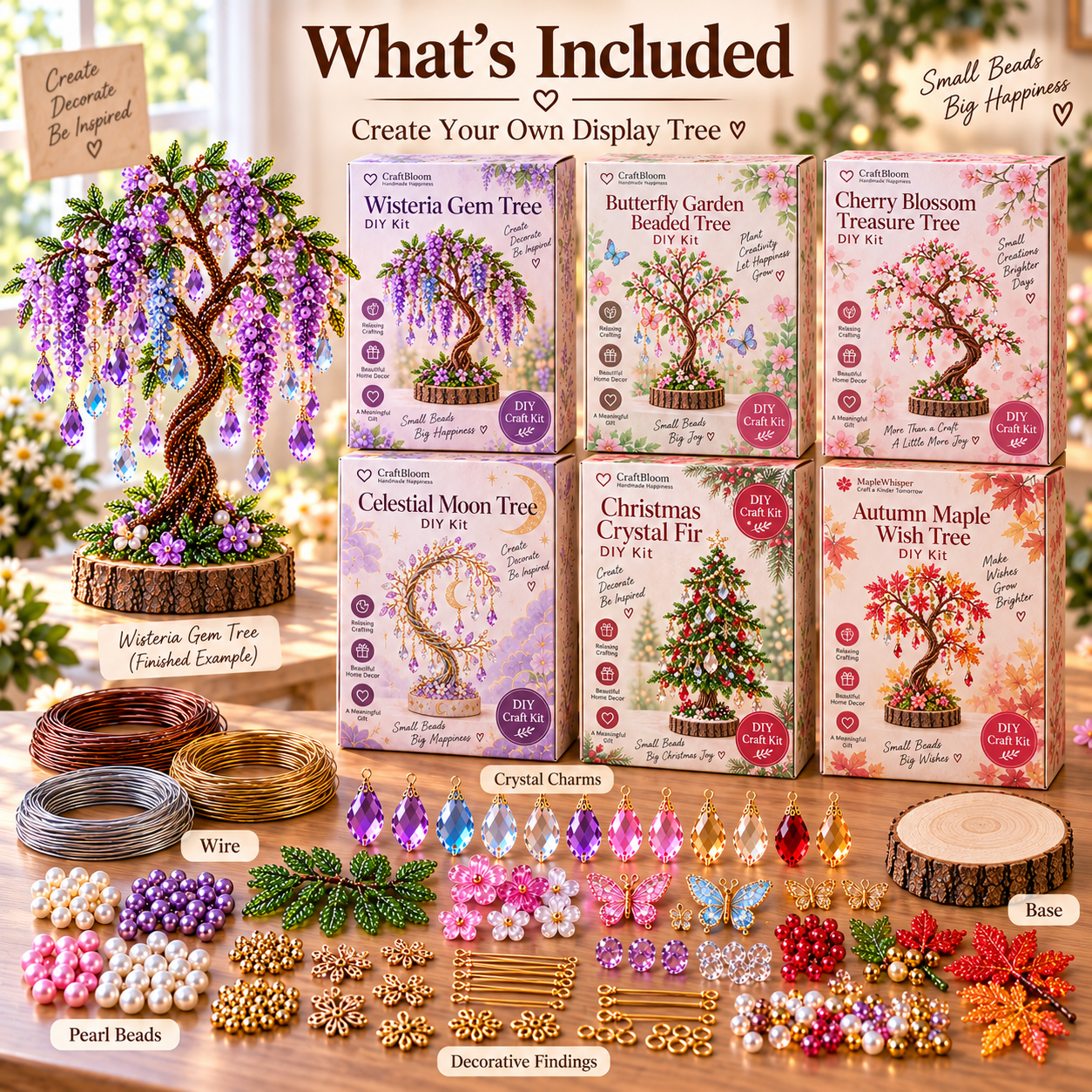 Collection materials shown with wire, colorful beads, decorative findings, hanging accents and display bases