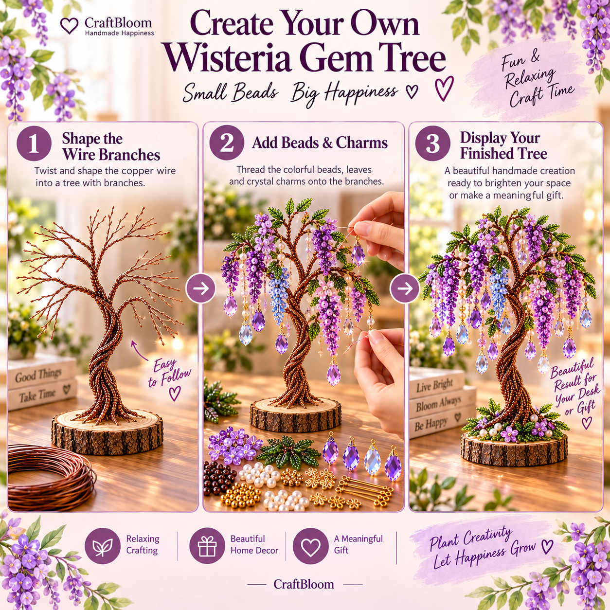 Hands adding beaded blossoms and hanging accents to a Wisteria tree, shown beside the wire framework and finished design