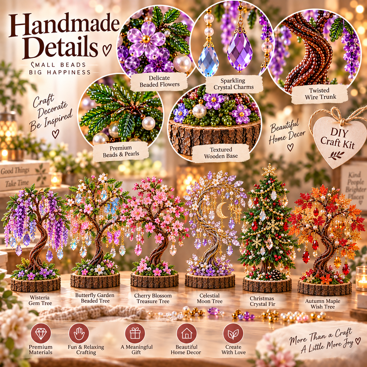Close views of the beaded tree branches, floral accents, hanging ornaments and base