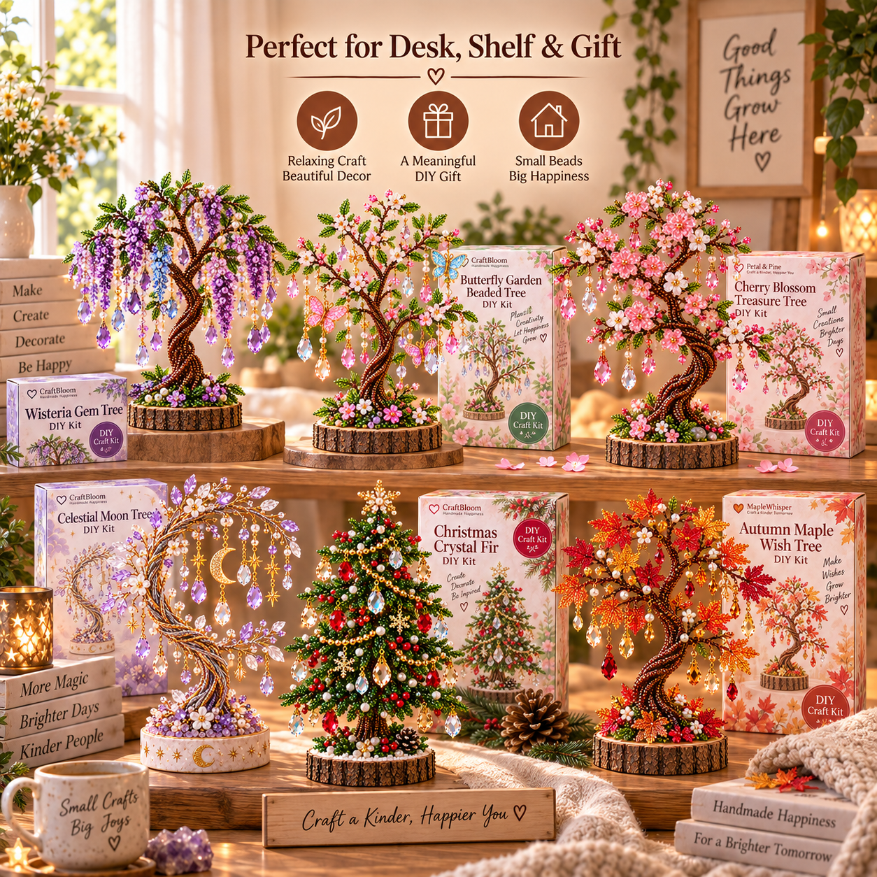 Finished beaded tree designs displayed on wooden shelving in a warmly lit home