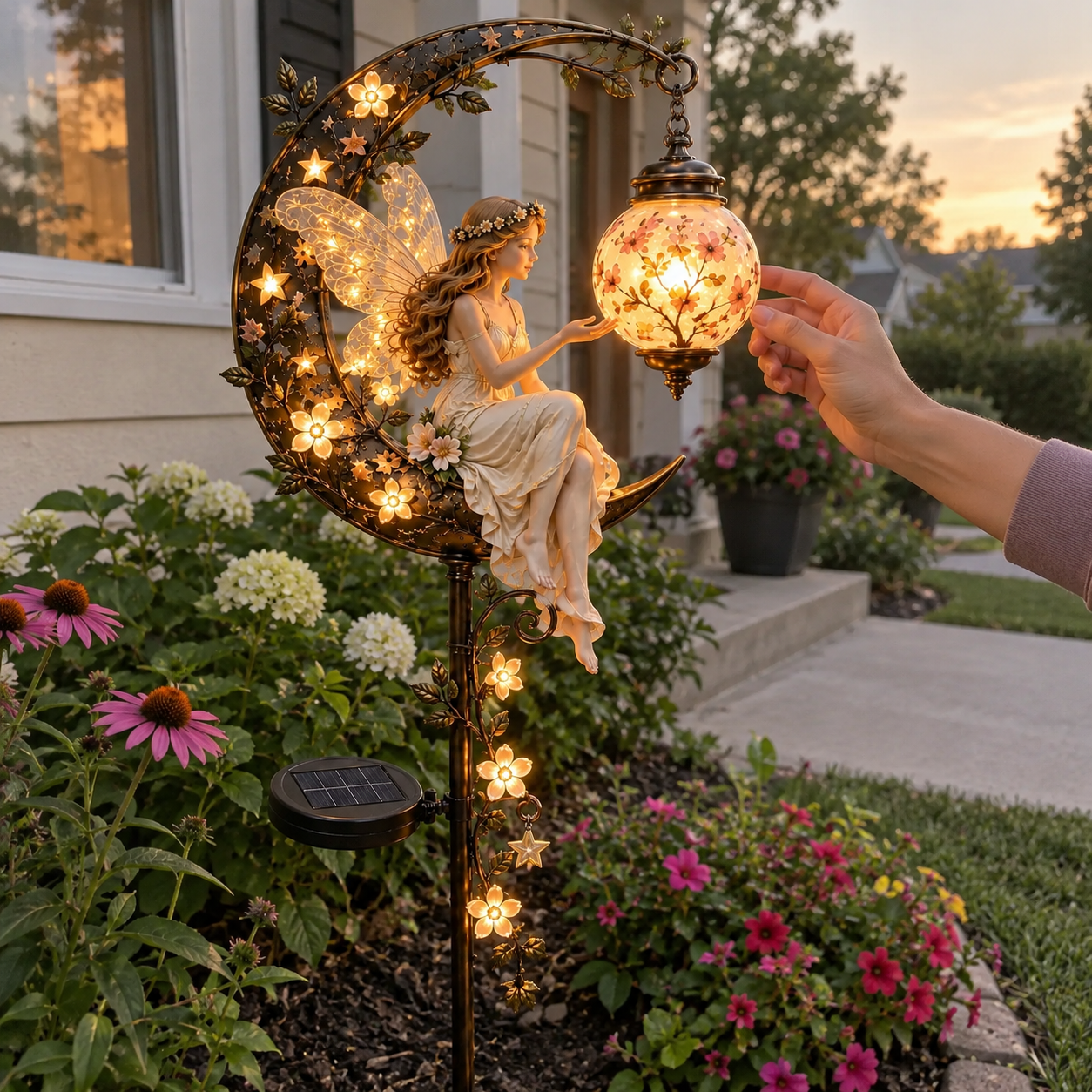 Customer touching fairy garden lantern