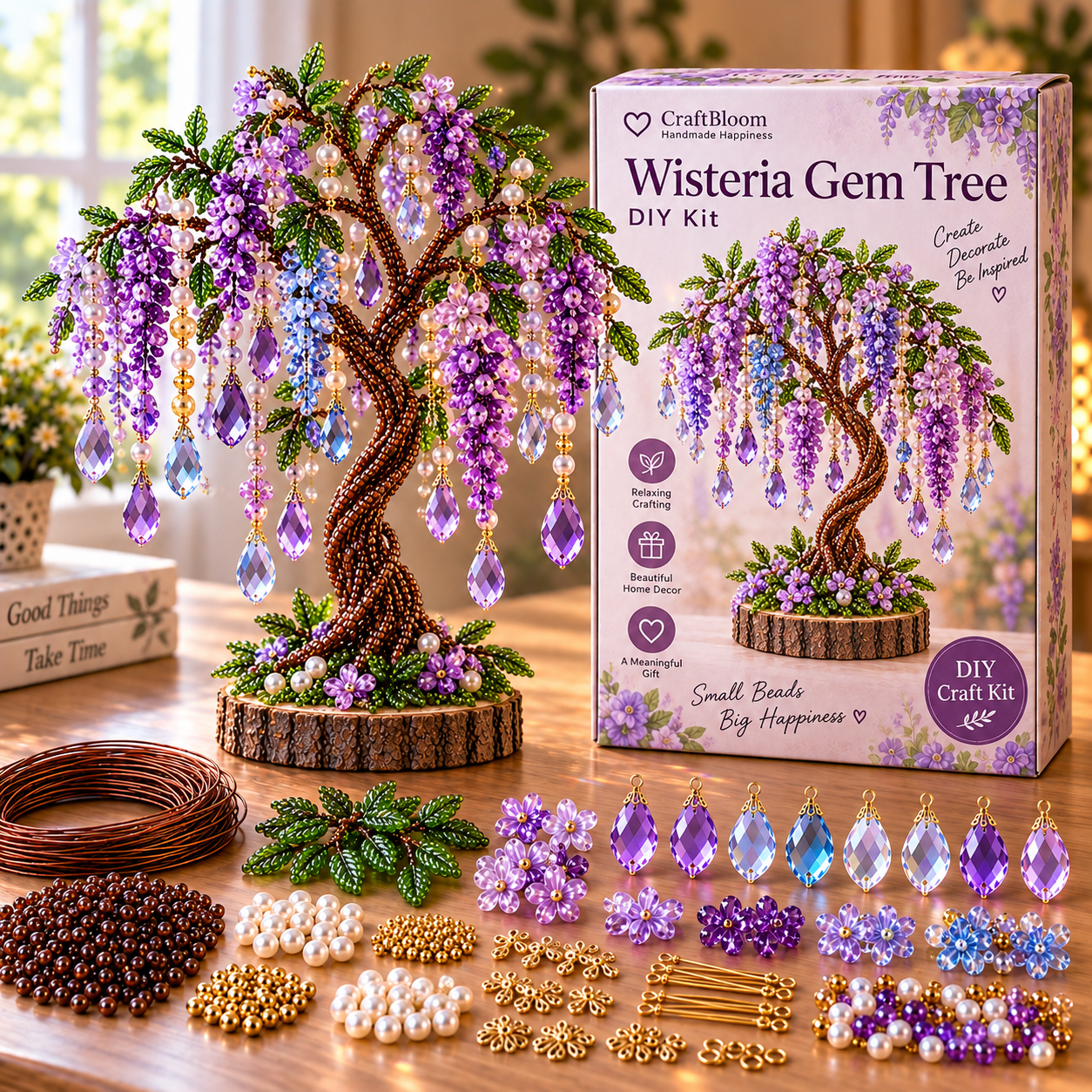 Wisteria Bloom beaded tree displayed beside its DIY kit and crafting materials