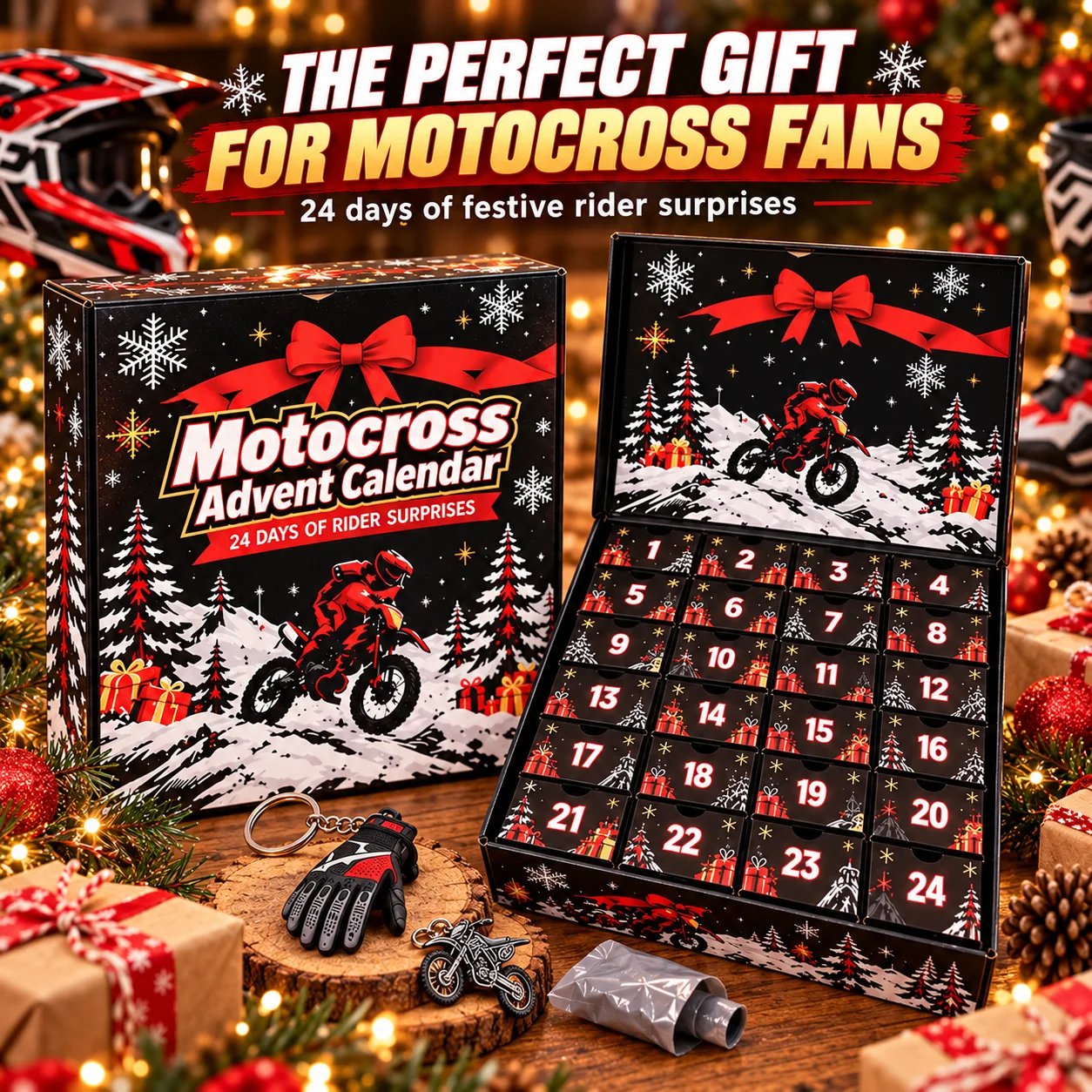 Motocross advent calendar displayed in festive gift packaging