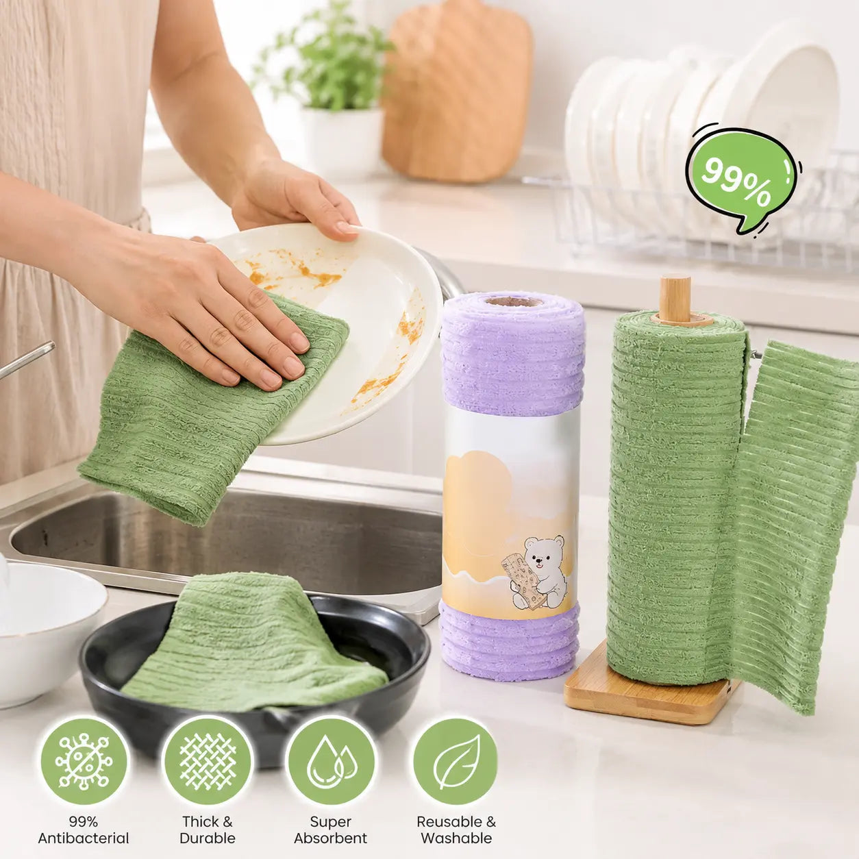 10A Tearable Reusable Plush Cleaning Cloth Roll, Washable Absorbent Household Cleaning Towels 🧻