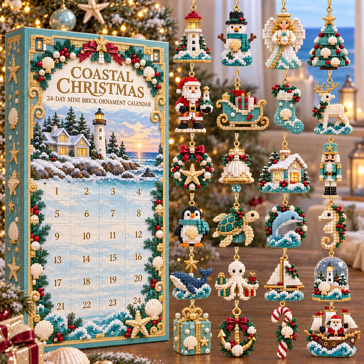 Coastal Christmas countdown calendar with its seaside and holiday mini brick ornament collection