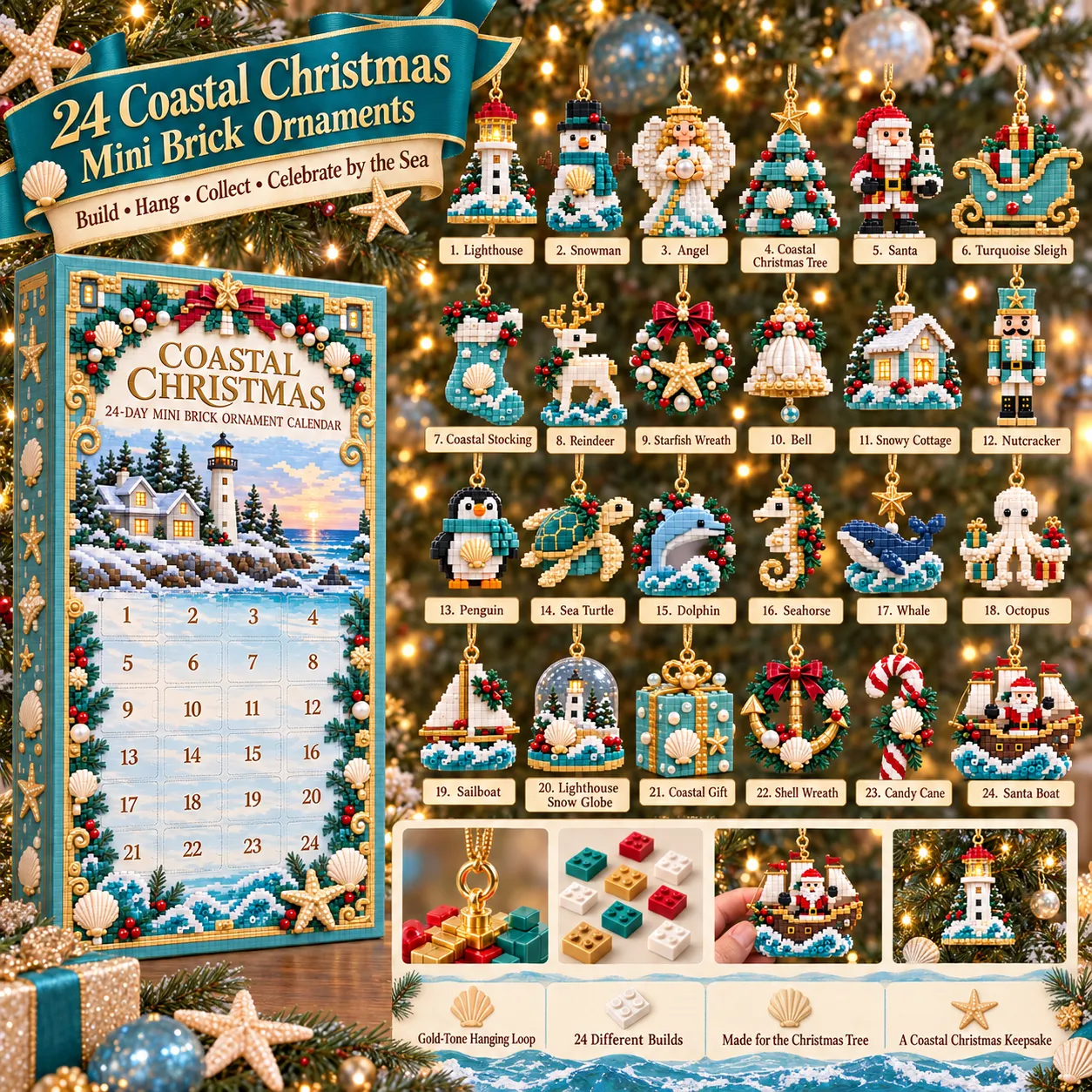 All 24 Coastal Christmas ornaments, individually named and numbered to match the design list below