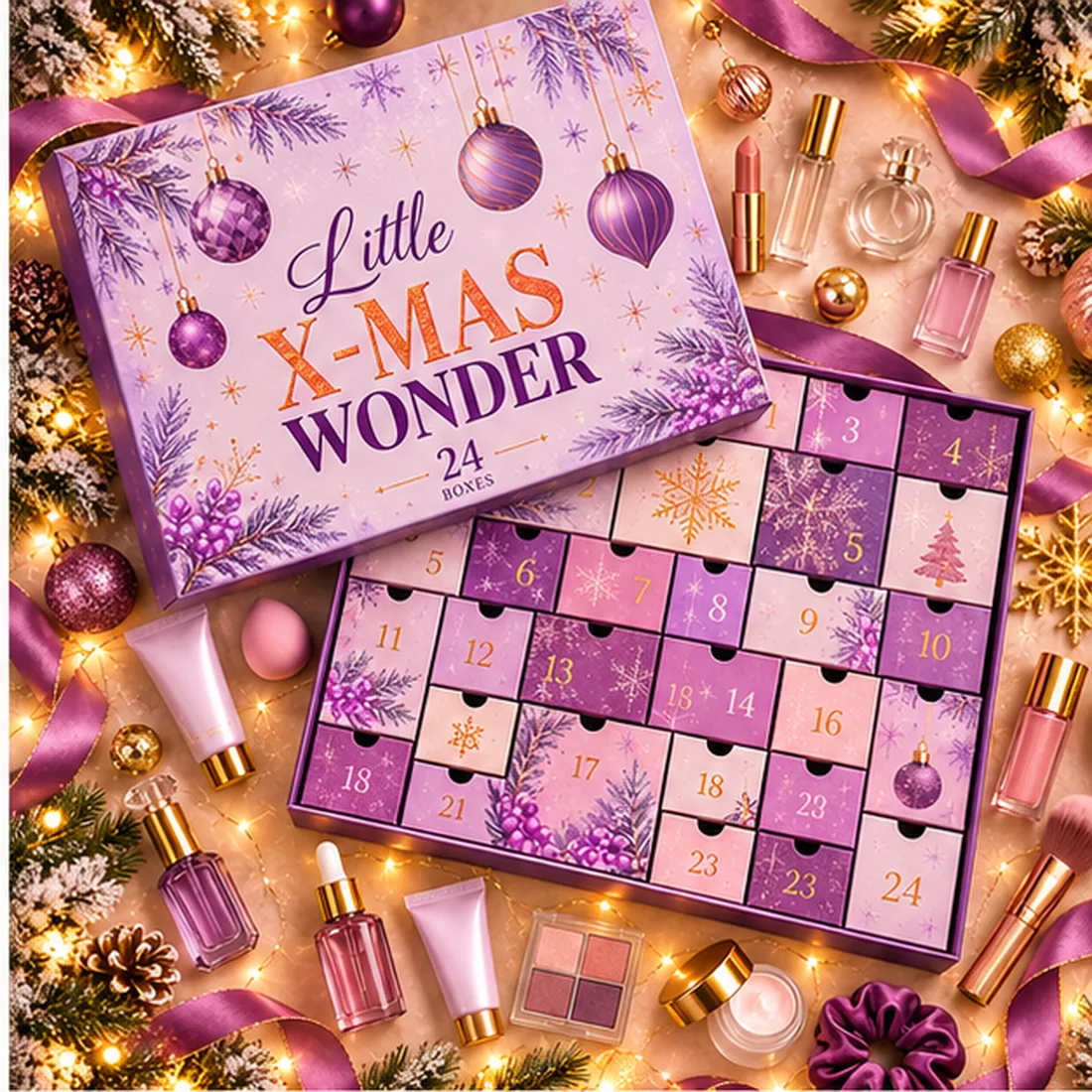 Purple and pink Little X-MAS Wonder advent gift calendar, with festive numbered drawers and assorted beauty gifts